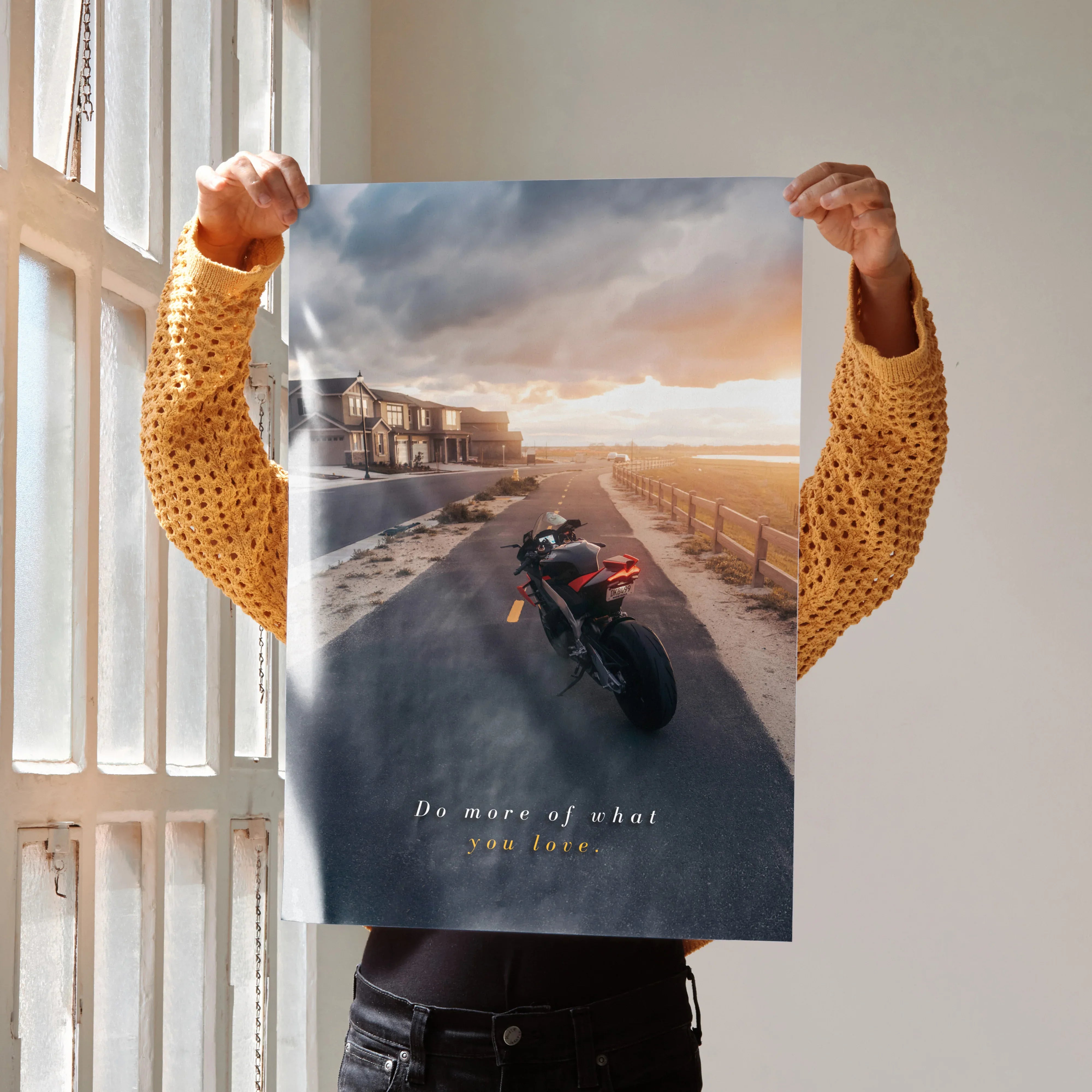 Motivational poster wall art featuring Aprilia RSV4 1100 Factory motorcycle on coastal road at sunset.