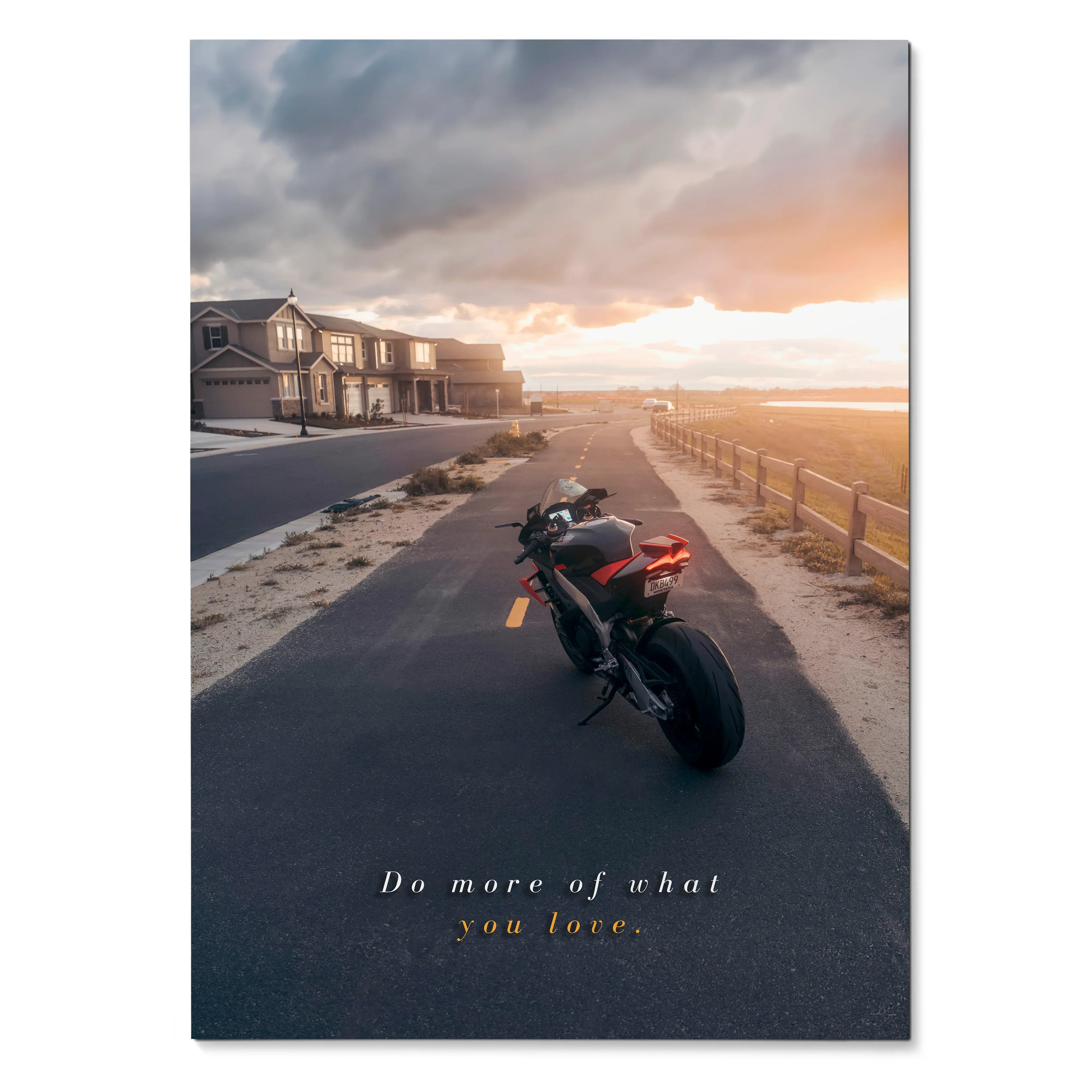 Motivational poster wall art featuring Aprilia RSV4 1100 Factory motorcycle on coastal road at sunset.