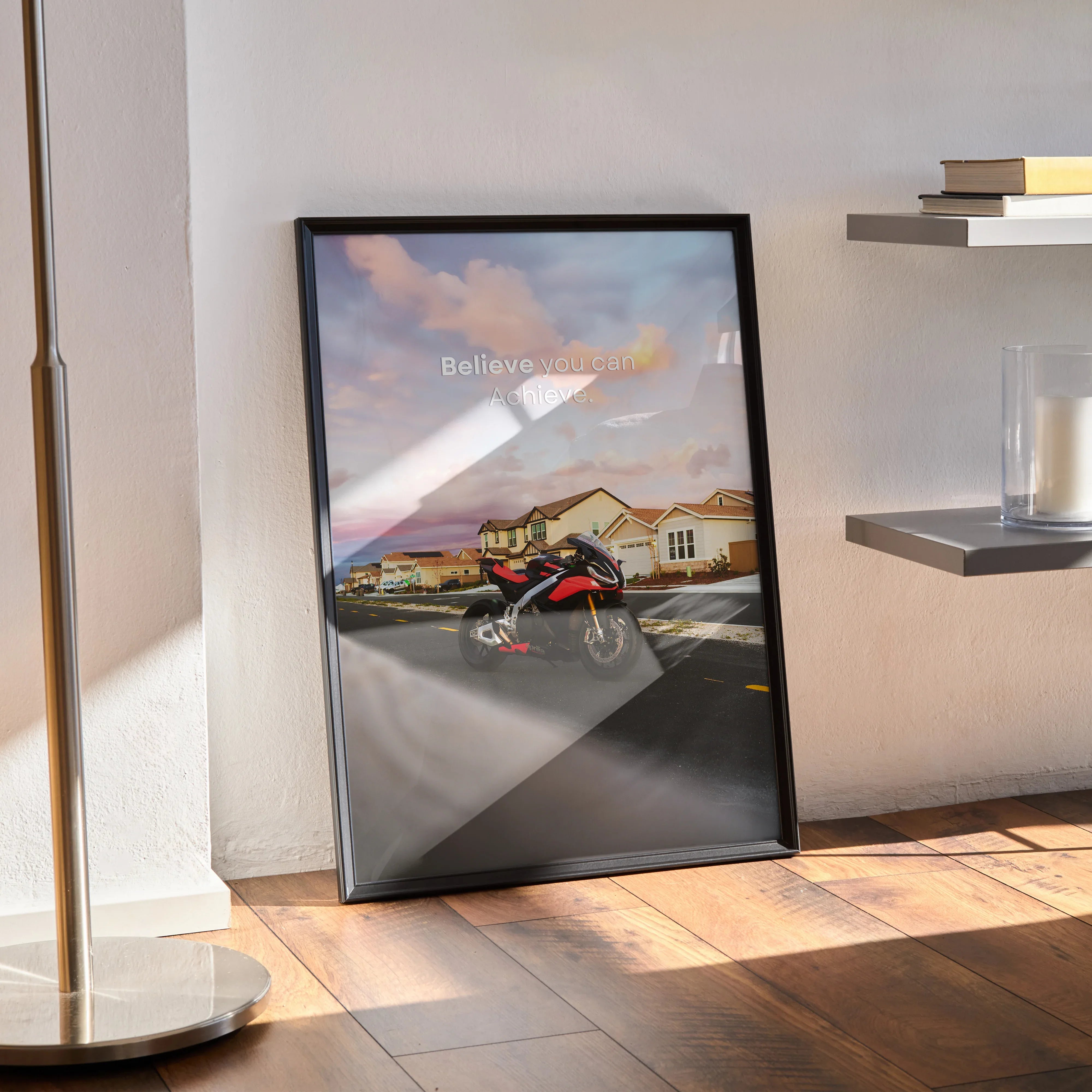 Aprilia RSV4 1100 Factory motorcycle poster wall art with sunset and buildings, black frame.