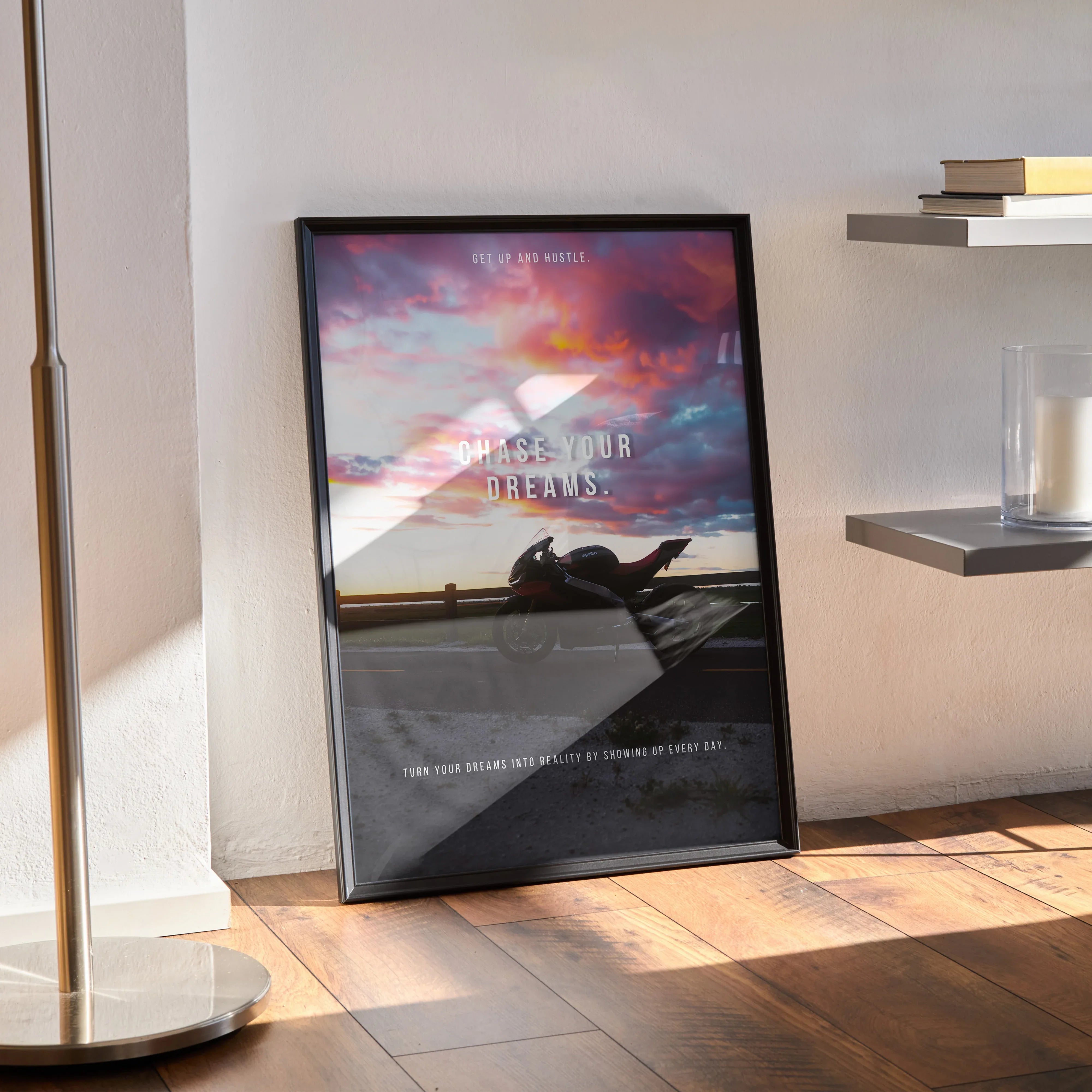 Motivational poster wall art with Aprilia RSV4 1100 Factory motorcycle silhouette at sunset.