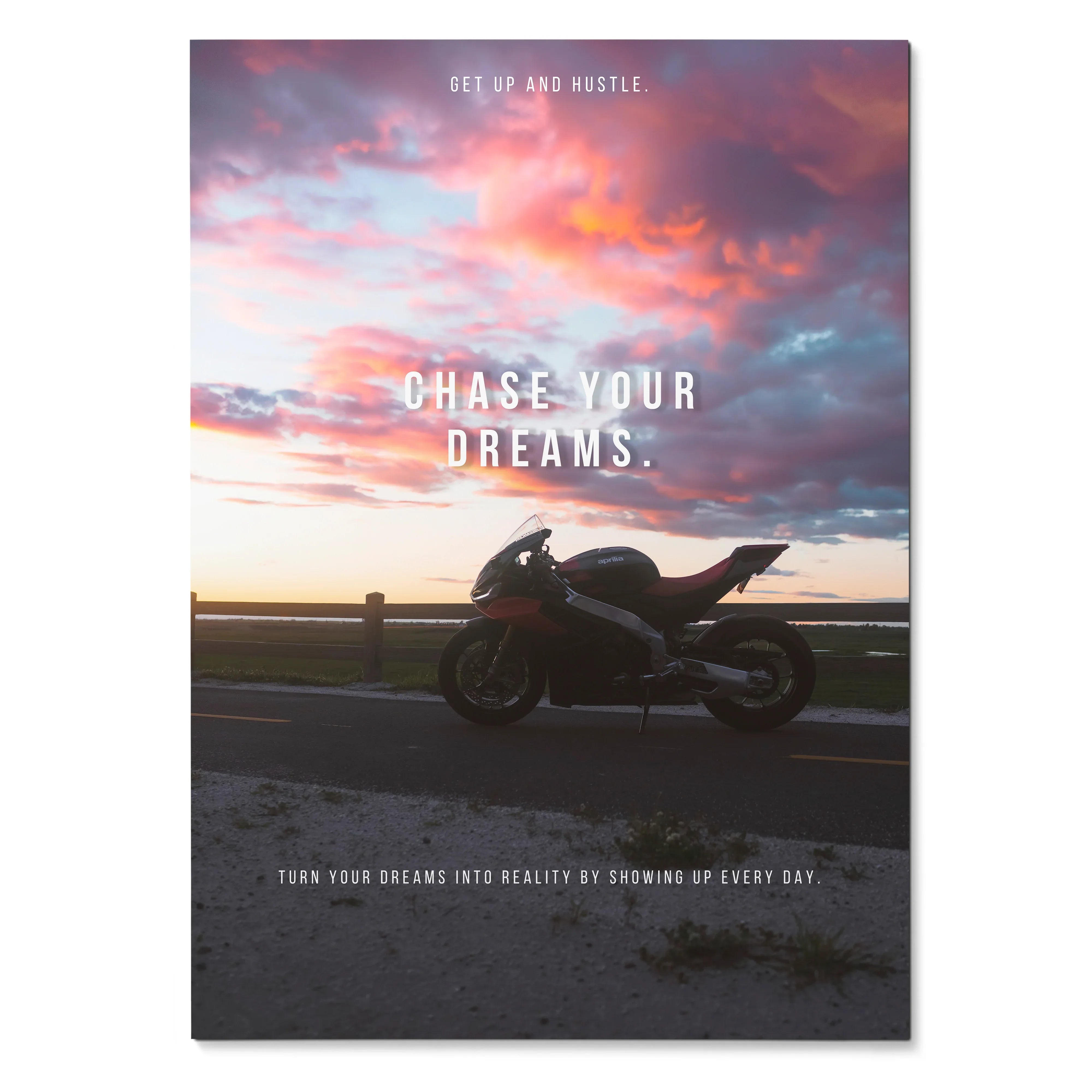Motivational poster wall art with Aprilia RSV4 1100 Factory silhouette against a colorful sunset sky and inspirational text.