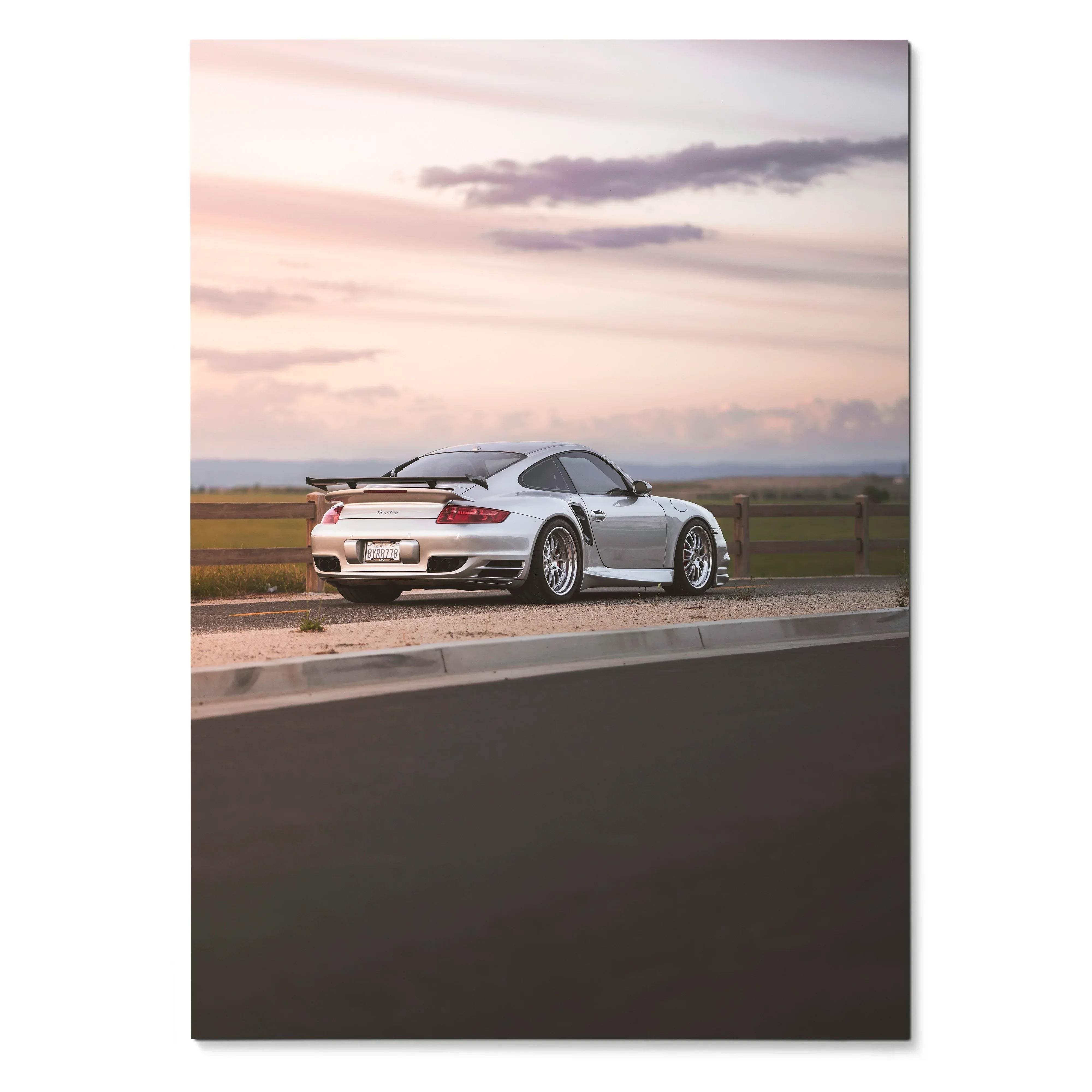 Porsche 911 Turbo sports car on runway at sunset luxury automotive poster wall art.