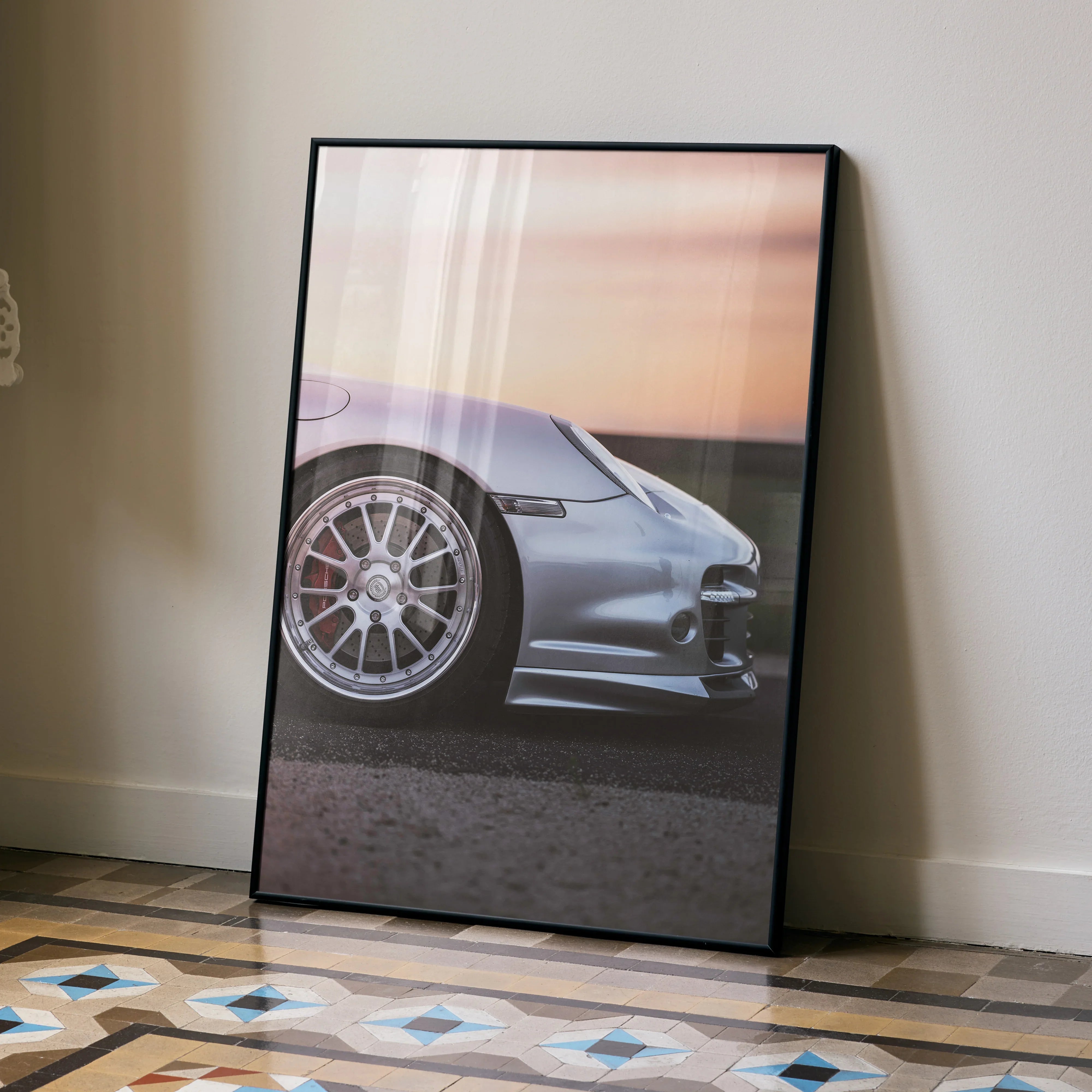 Porsche 911 Turbo close-up view poster wall art featuring car side and wheel in sunset light.