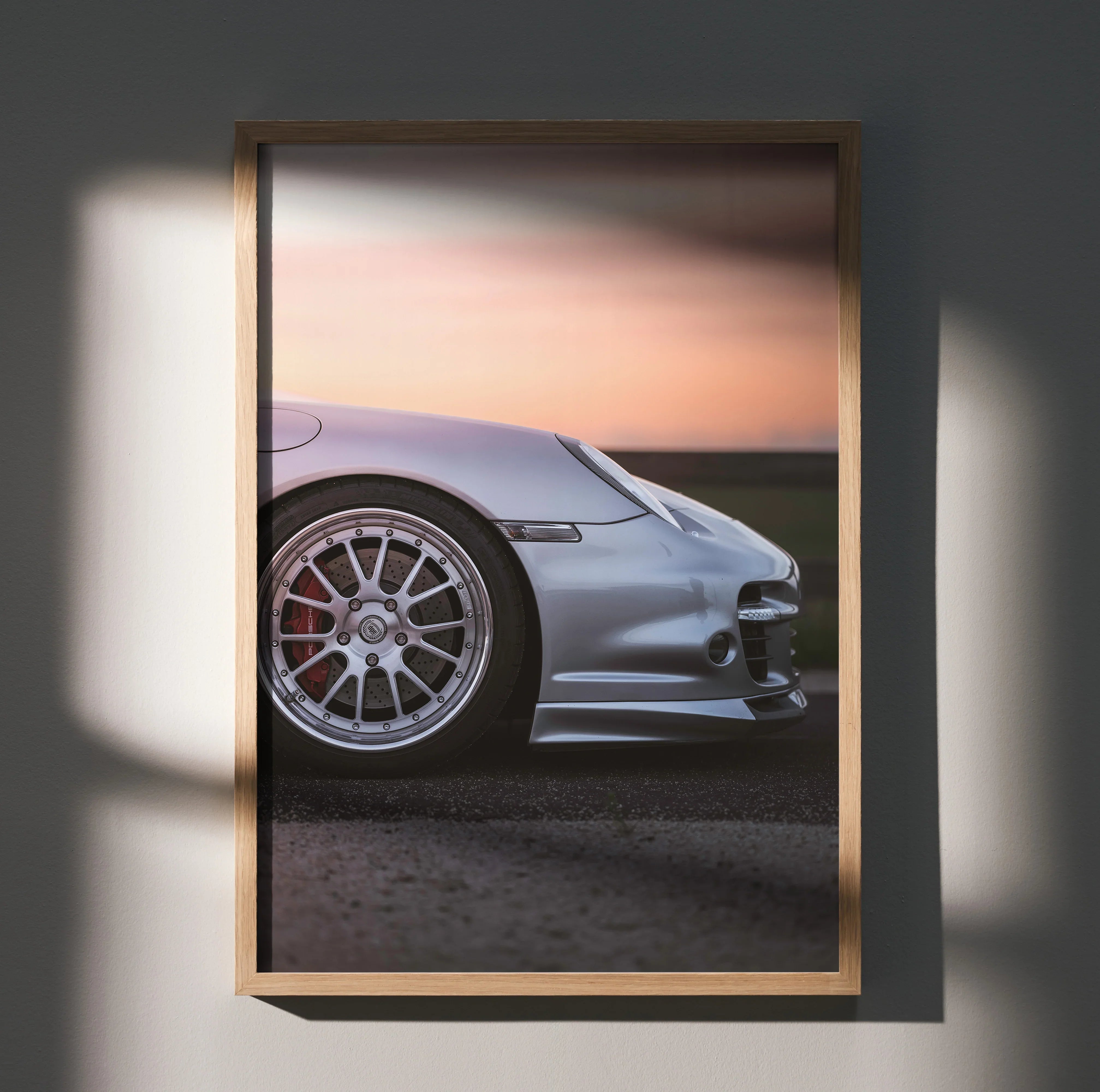 Silver Porsche 911 Turbo front side close-up automotive wall art poster in wood frame.