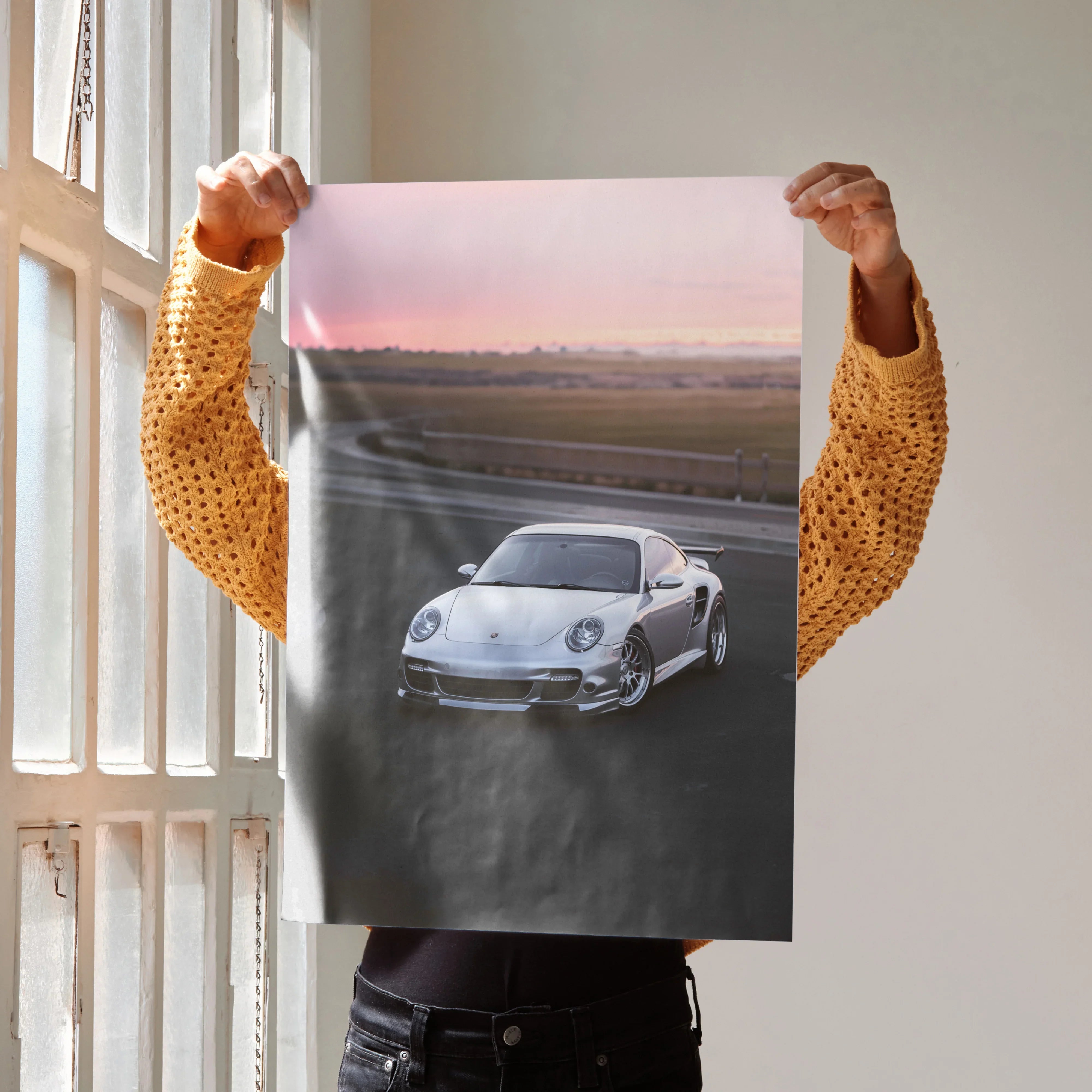 Porsche 911 Turbo poster wall art with sleek silver car on racetrack at sunset.