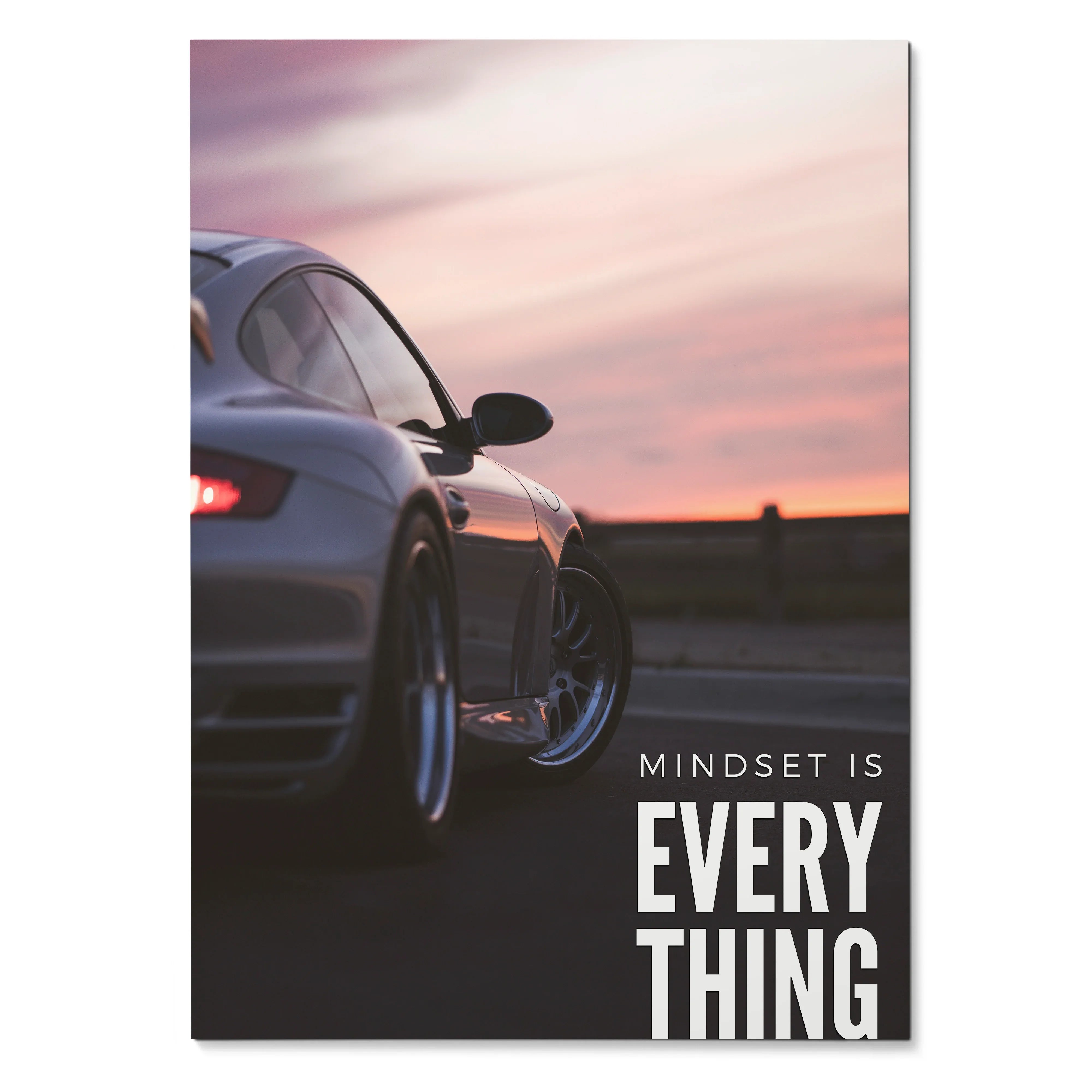 Porsche 911 Turbo poster wall art with motivational text "Mindset is Everything" at sunset.