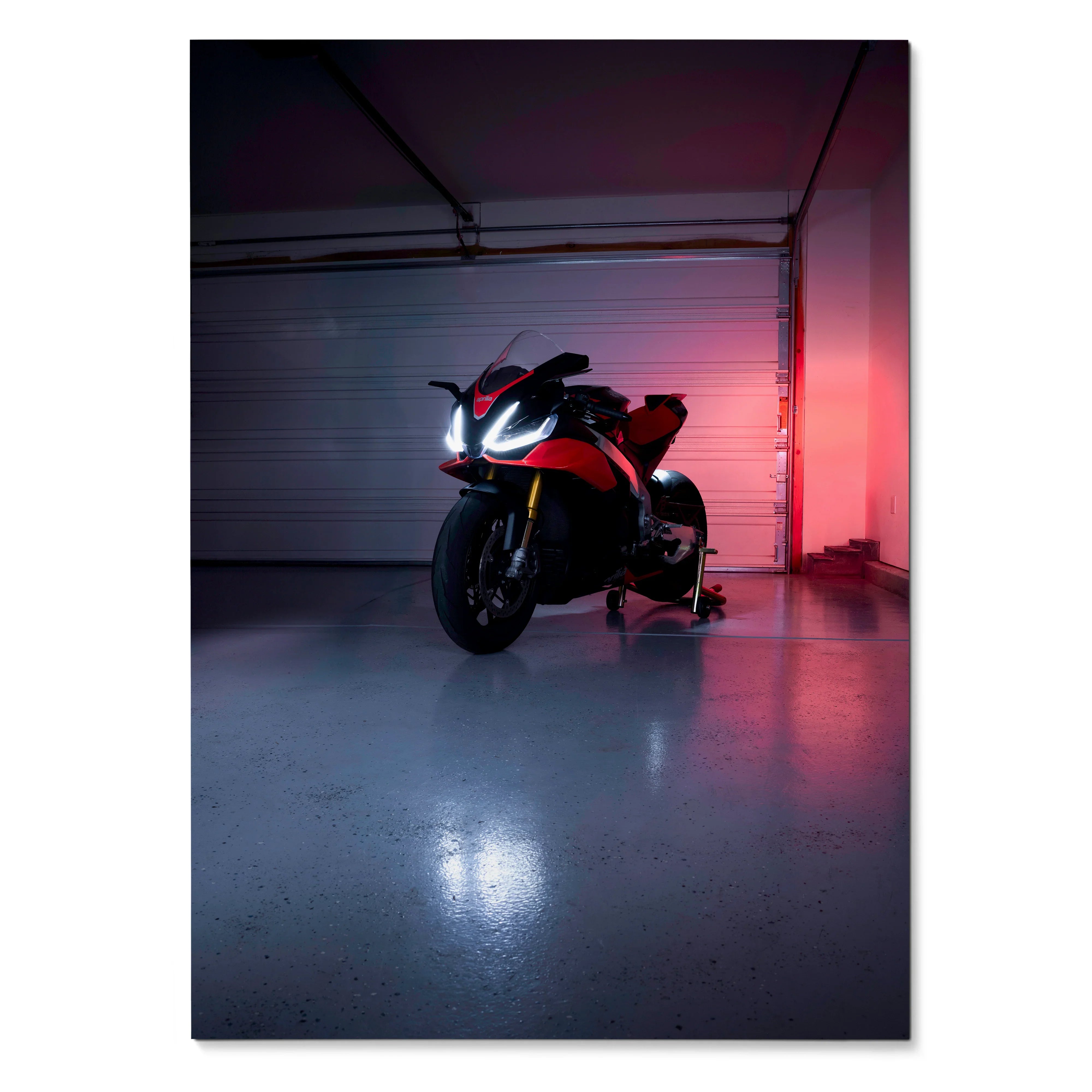 Aprilia RSV4 1100 Factory motorcycle poster with dramatic lighting, sleek red and black design wall art.