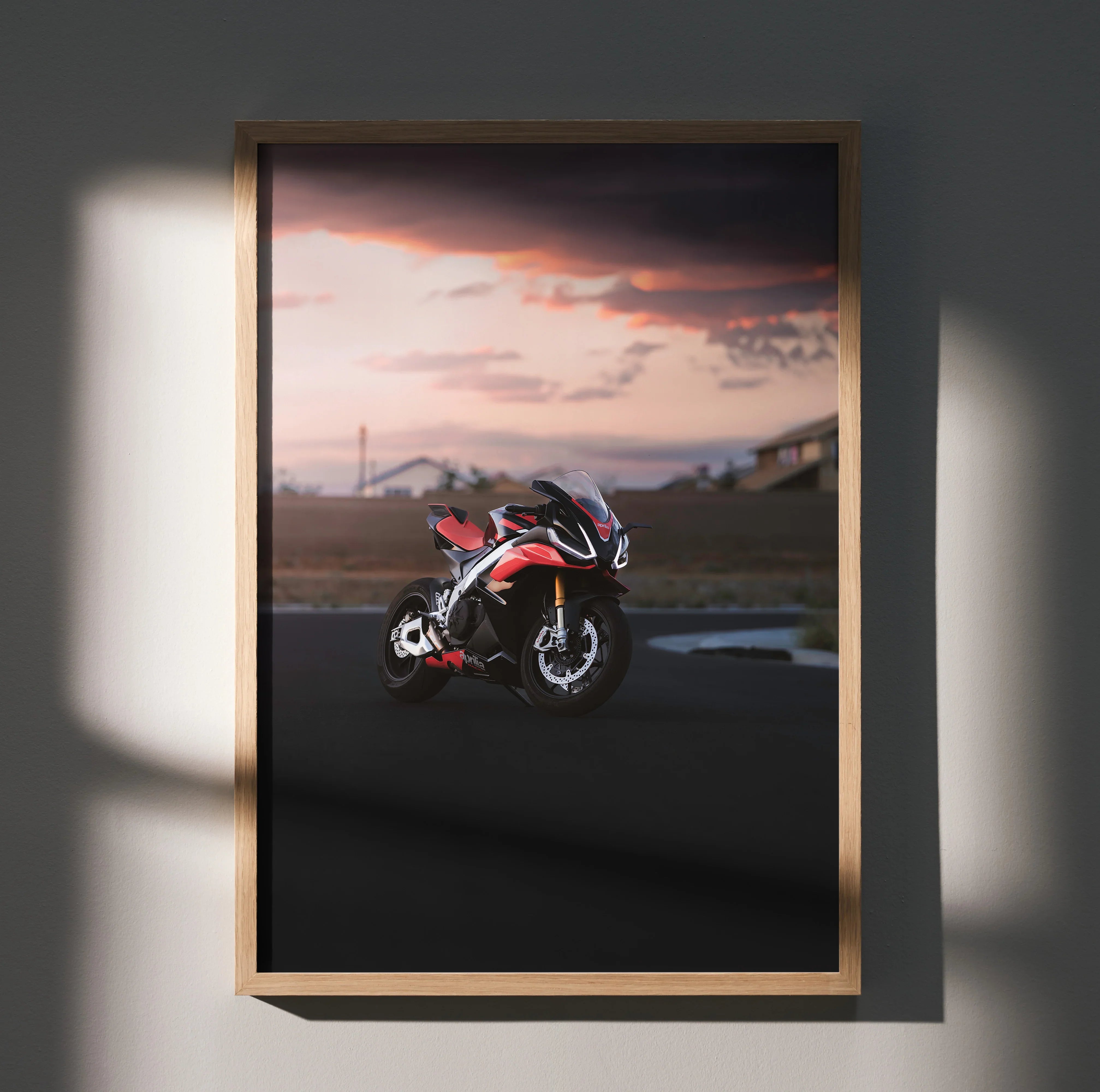 Aprilia RSV4 1100 Factory motorcycle poster with dramatic sunset background Wall Art.
