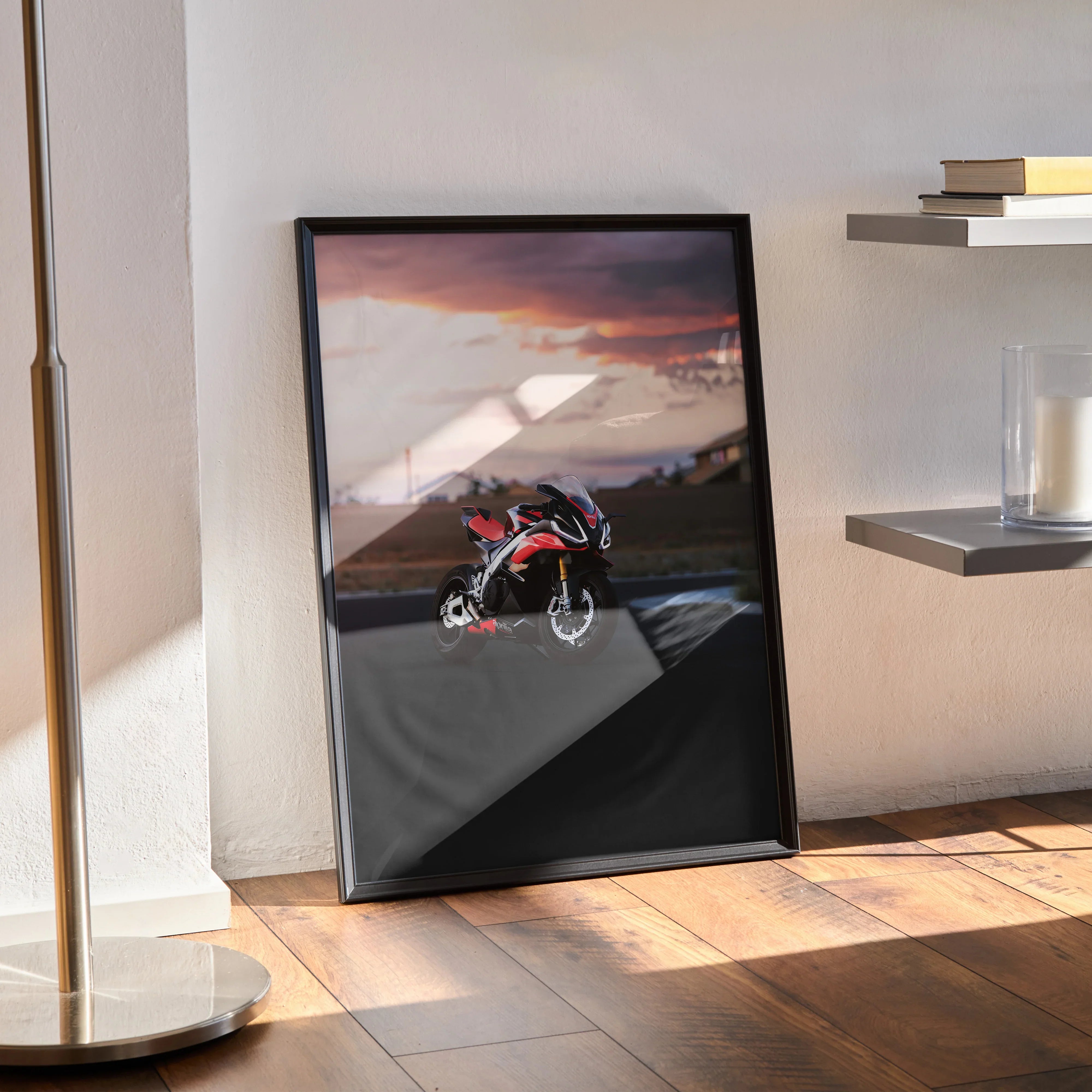 Aprilia RSV4 1100 Factory motorcycle poster with dramatic sunset, sleek black frame wall art.