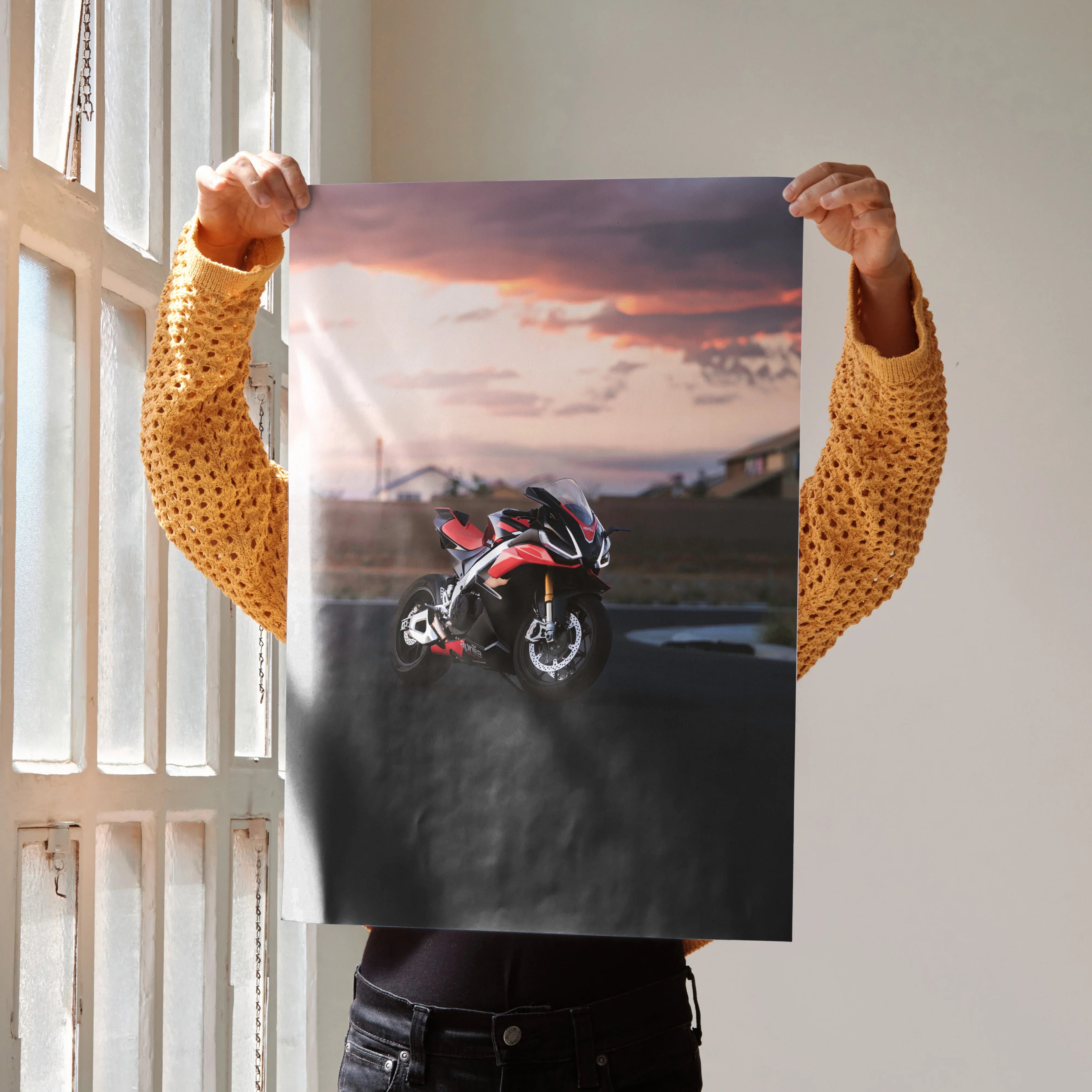 Aprilia RSV4 1100 Factory motorcycle poster with dramatic sunset background, wall art print.