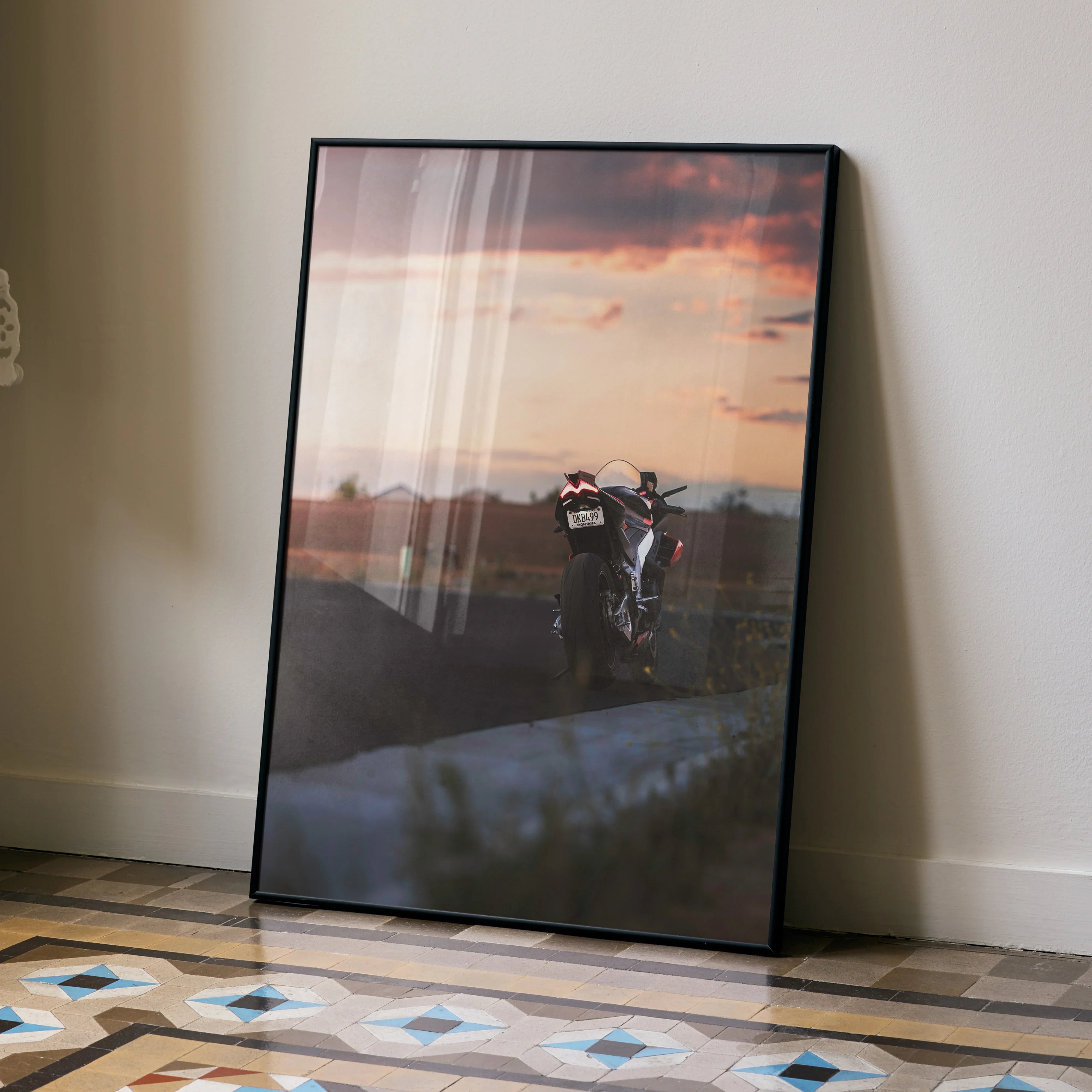 Aprilia RSV4 1100 Factory motorcycle at sunset poster leaning on wall, premium wall art.
