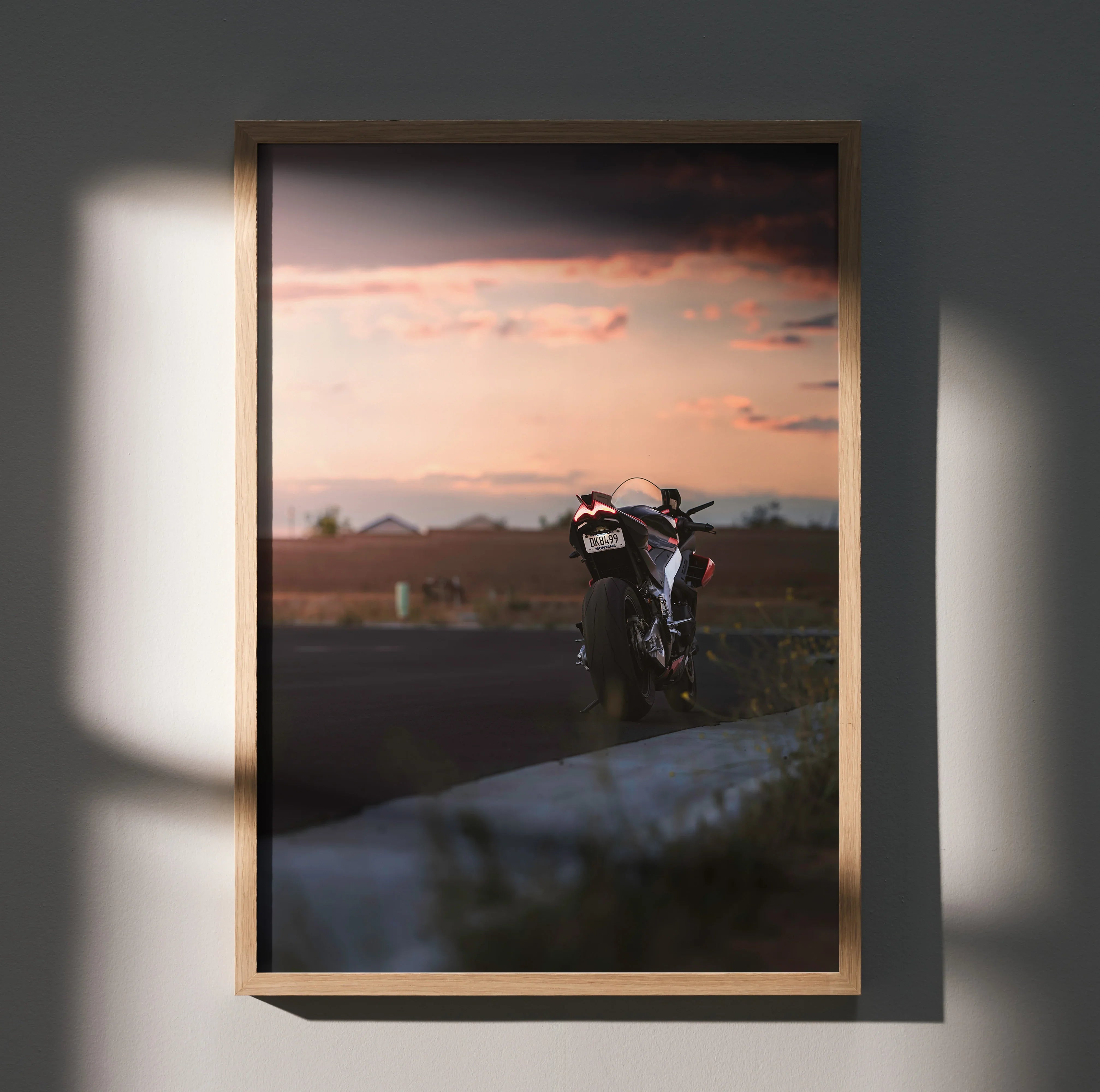 Aprilia RSV4 1100 Factory motorcycle poster with sunset sky in premium wood frame wall art.