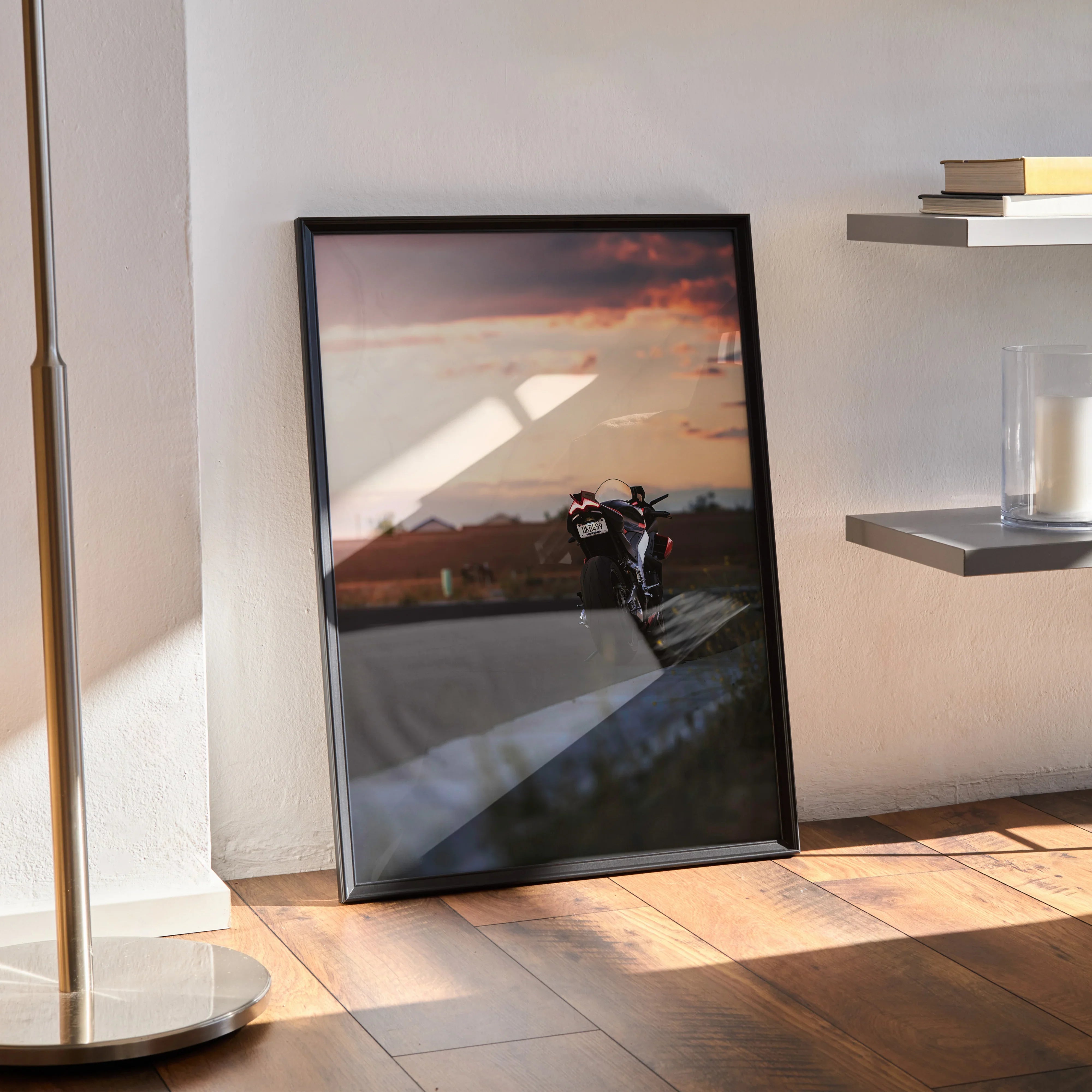 Aprilia RSV4 1100 Factory motorcycle poster with sunset background wall art in black frame.