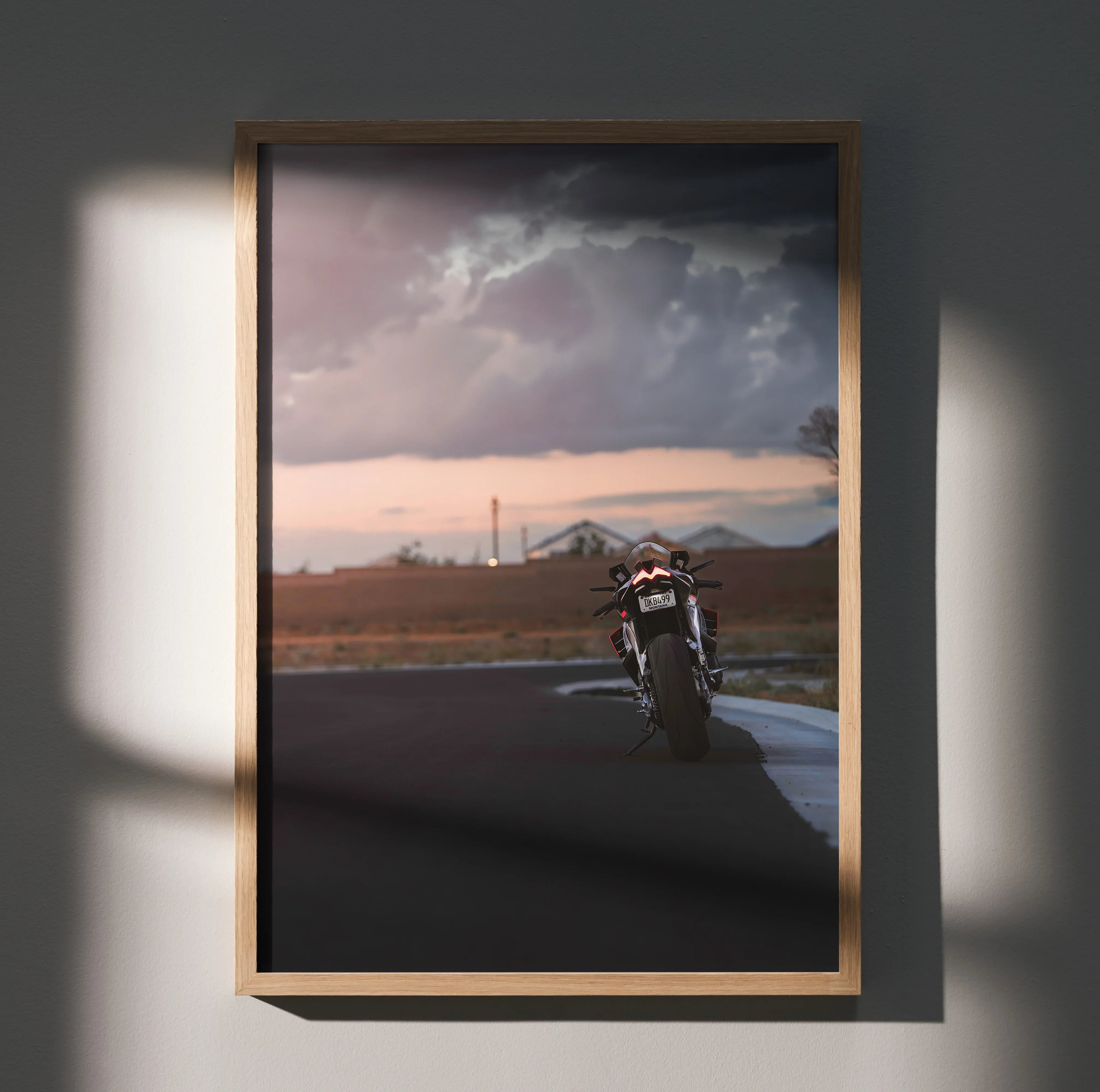 Aprilia RSV4 1100 Factory motorcycle poster with sunset background, premium wall art in wooden frame.
