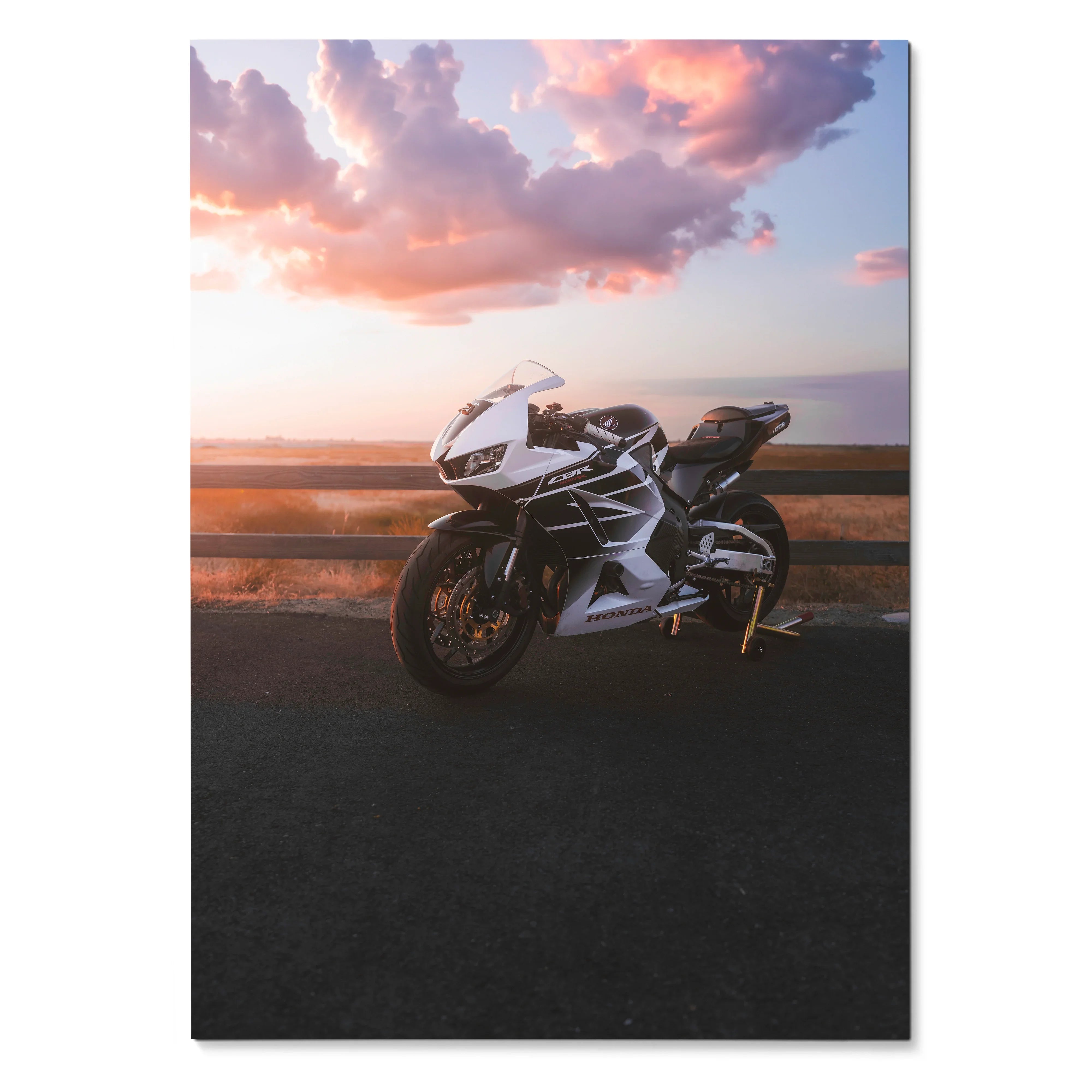 Honda CBR600RR motorcycle poster with sunset sky, sleek white sportbike wall art.
