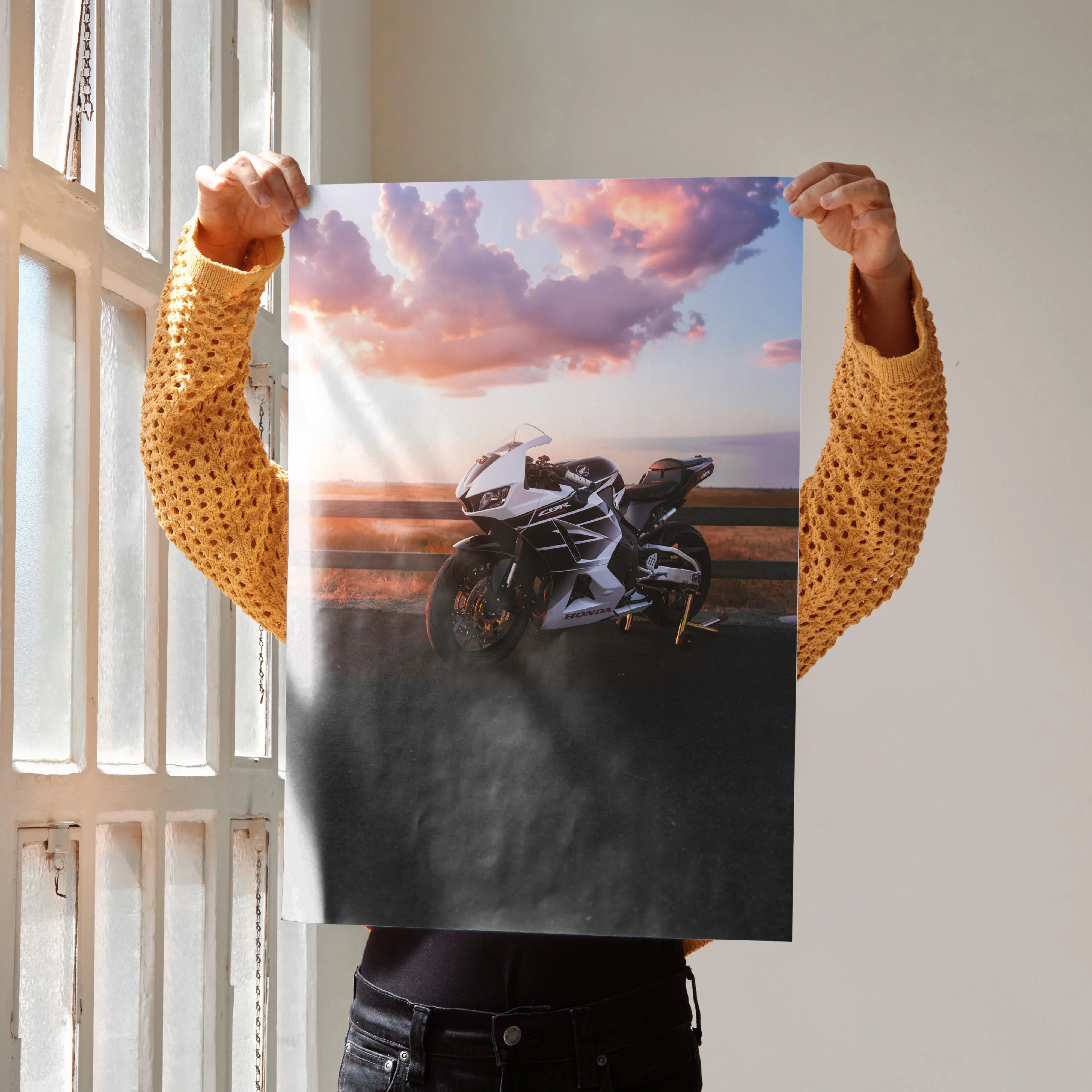 Honda CBR600RR motorcycle poster with sunset background, sleek black and white design wall art.