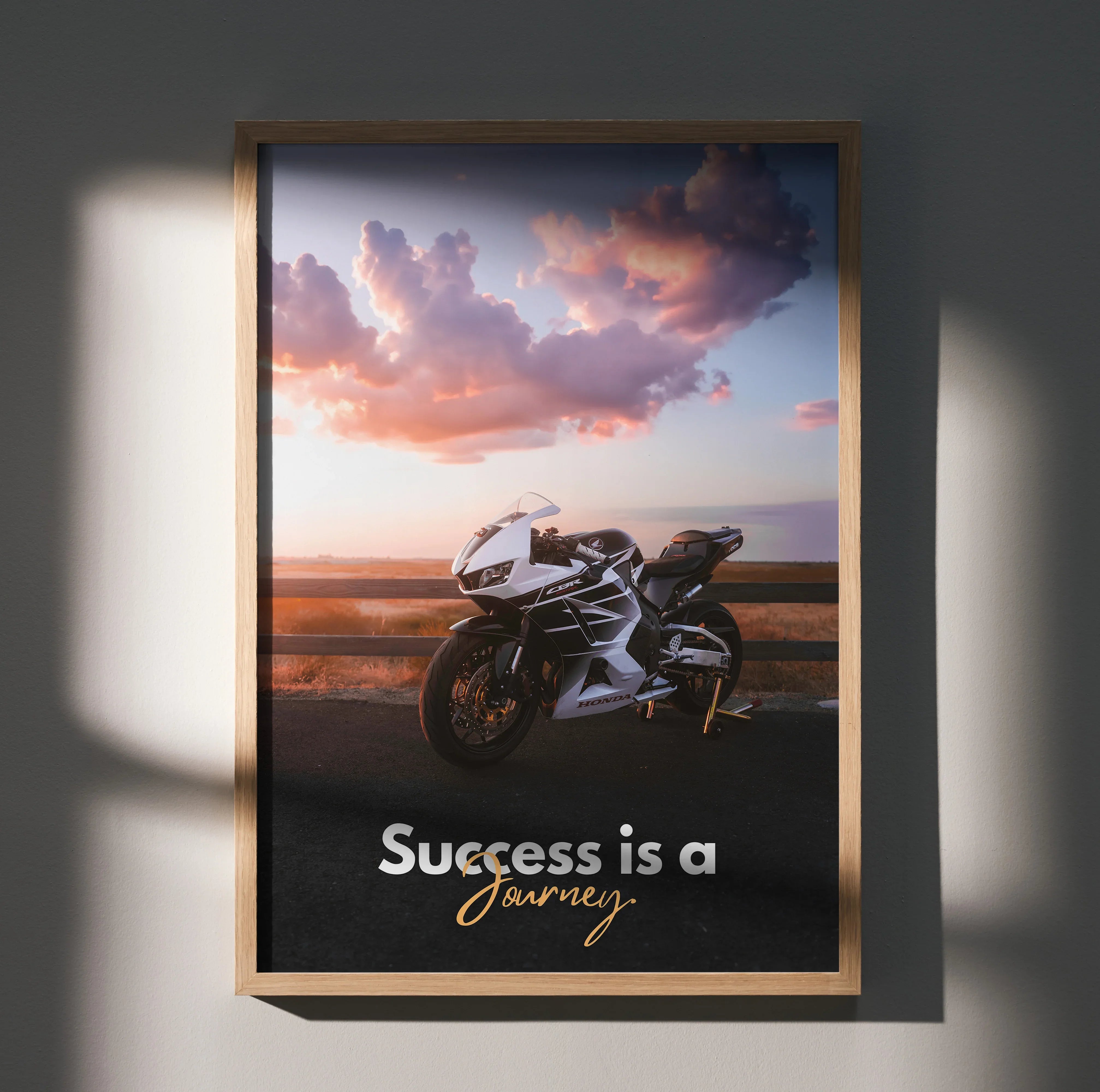 Motivational poster wall art featuring a Honda CBR600RR motorcycle with "Success is a journey" text at sunset.