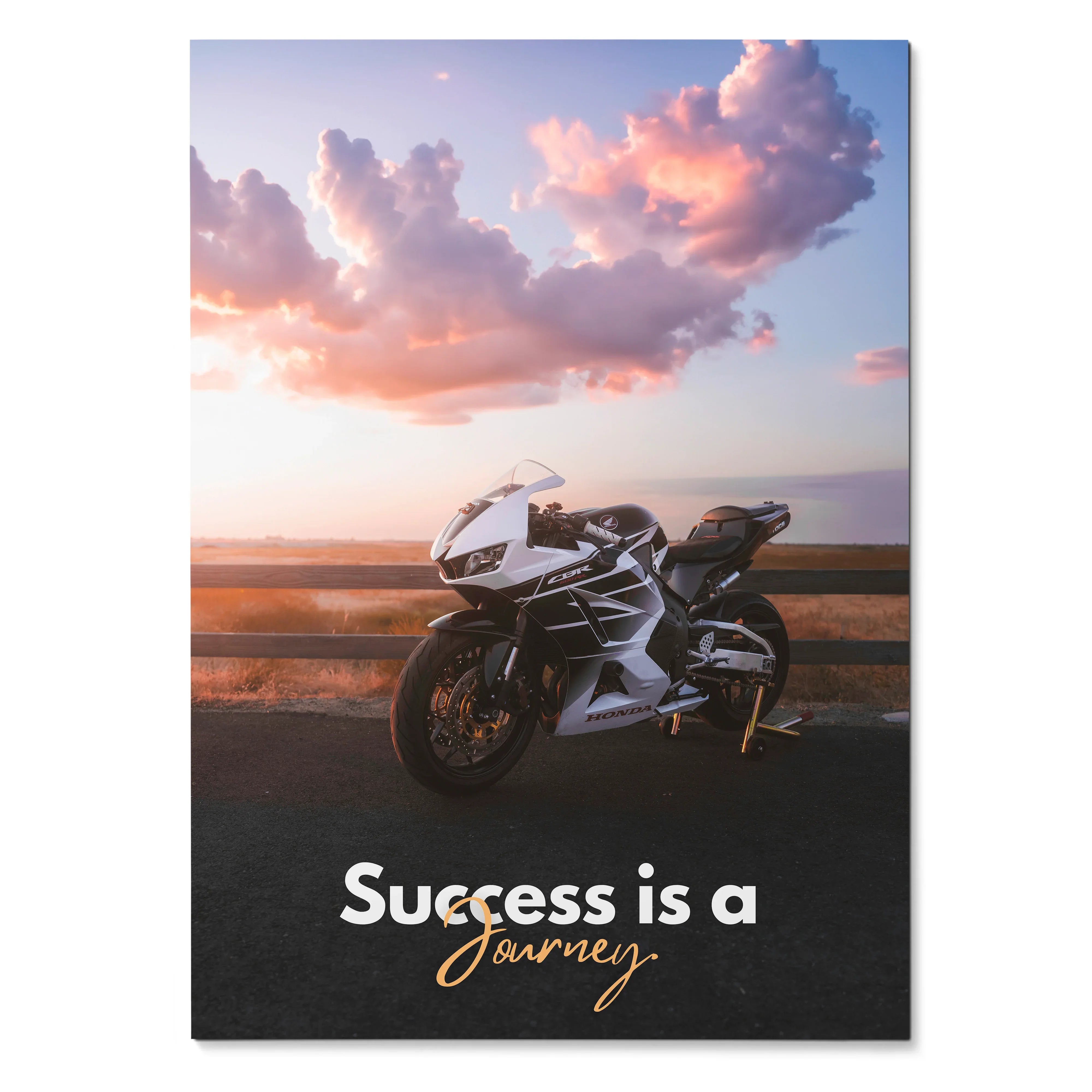 Honda CBR600RR motorcycle on road at sunset with motivational text poster wall art.