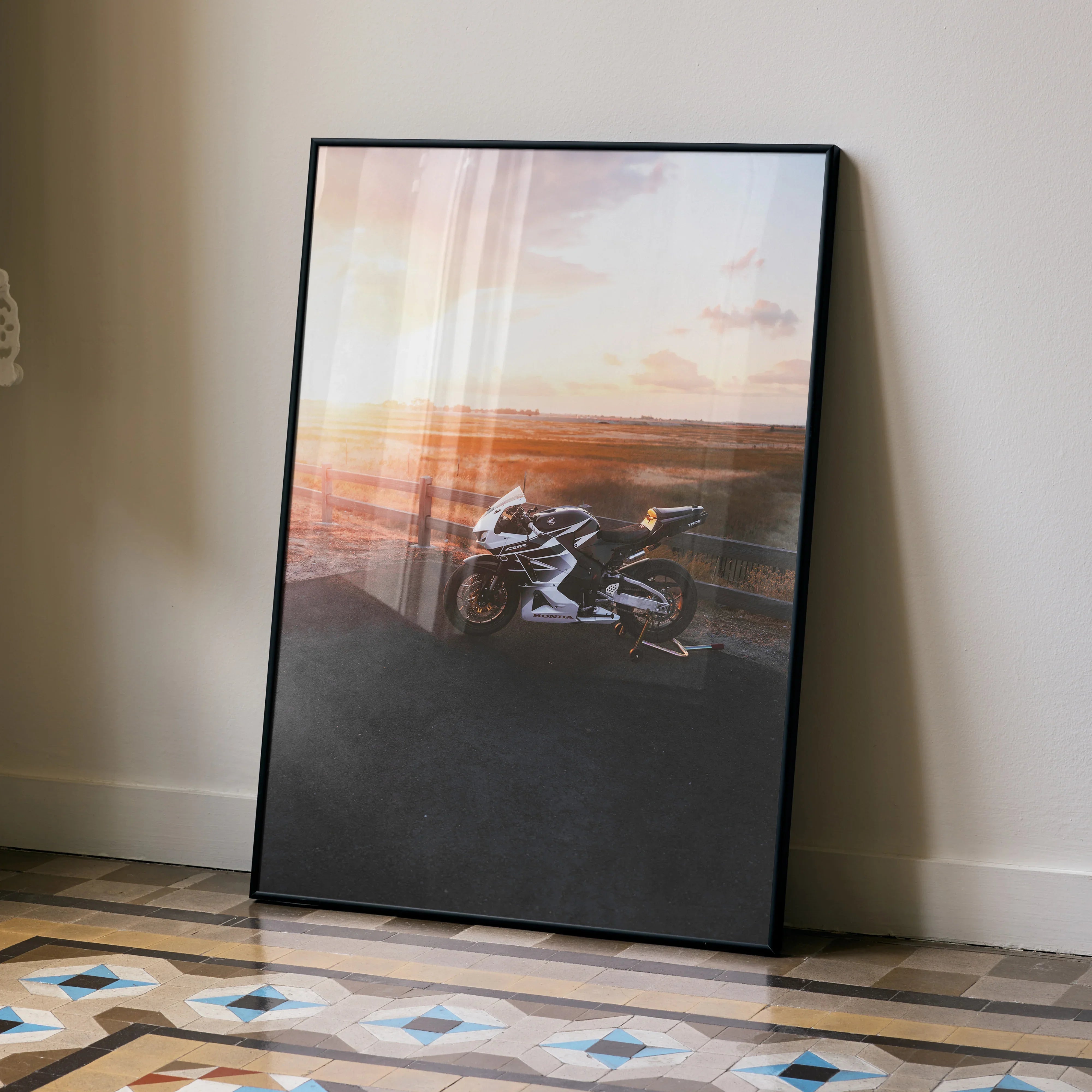 Honda CBR600RR motorcycle poster with sunset background, premium wall art in black frame.