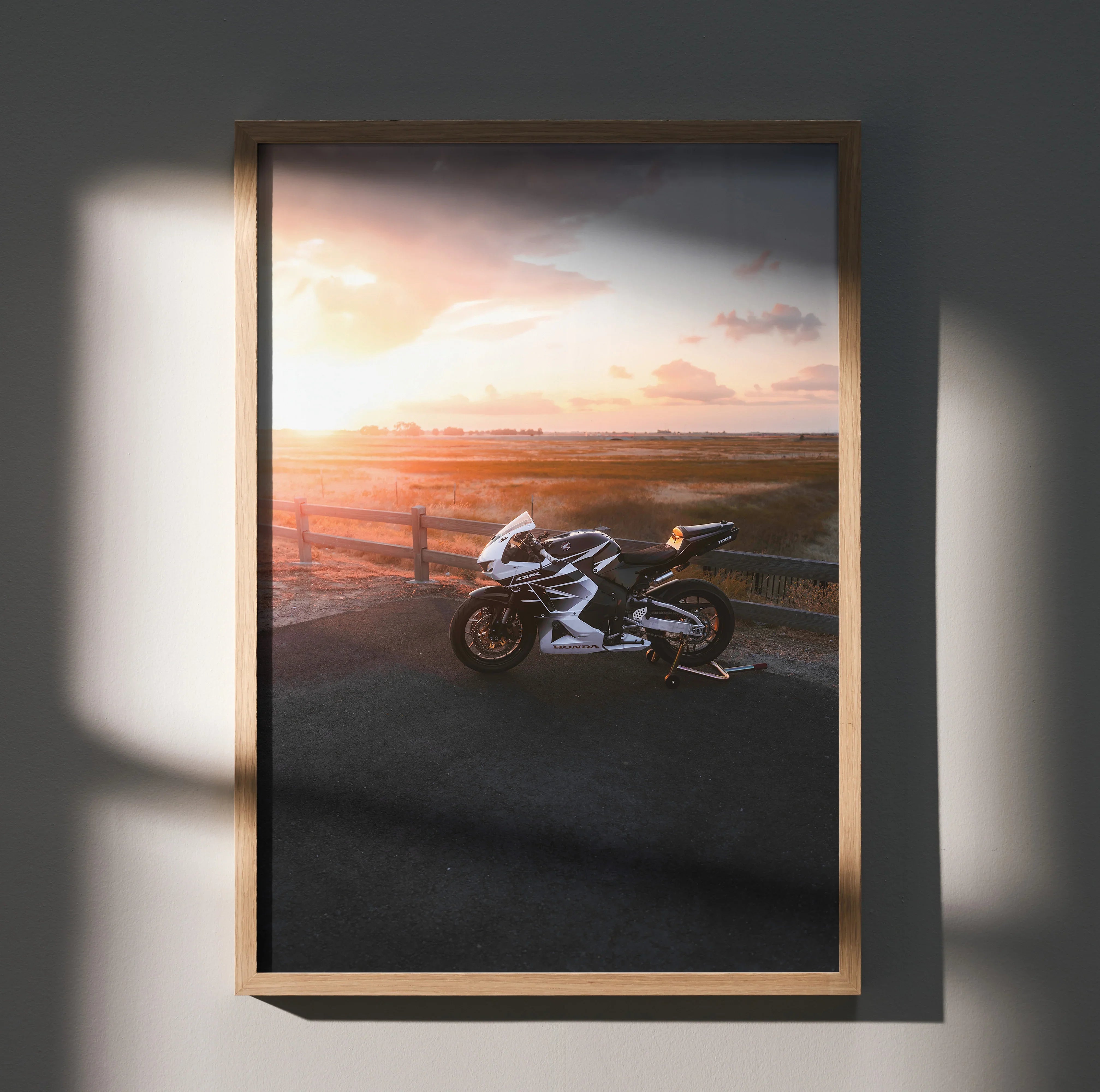 Honda CBR600RR motorcycle poster with sunset background framed wall art.