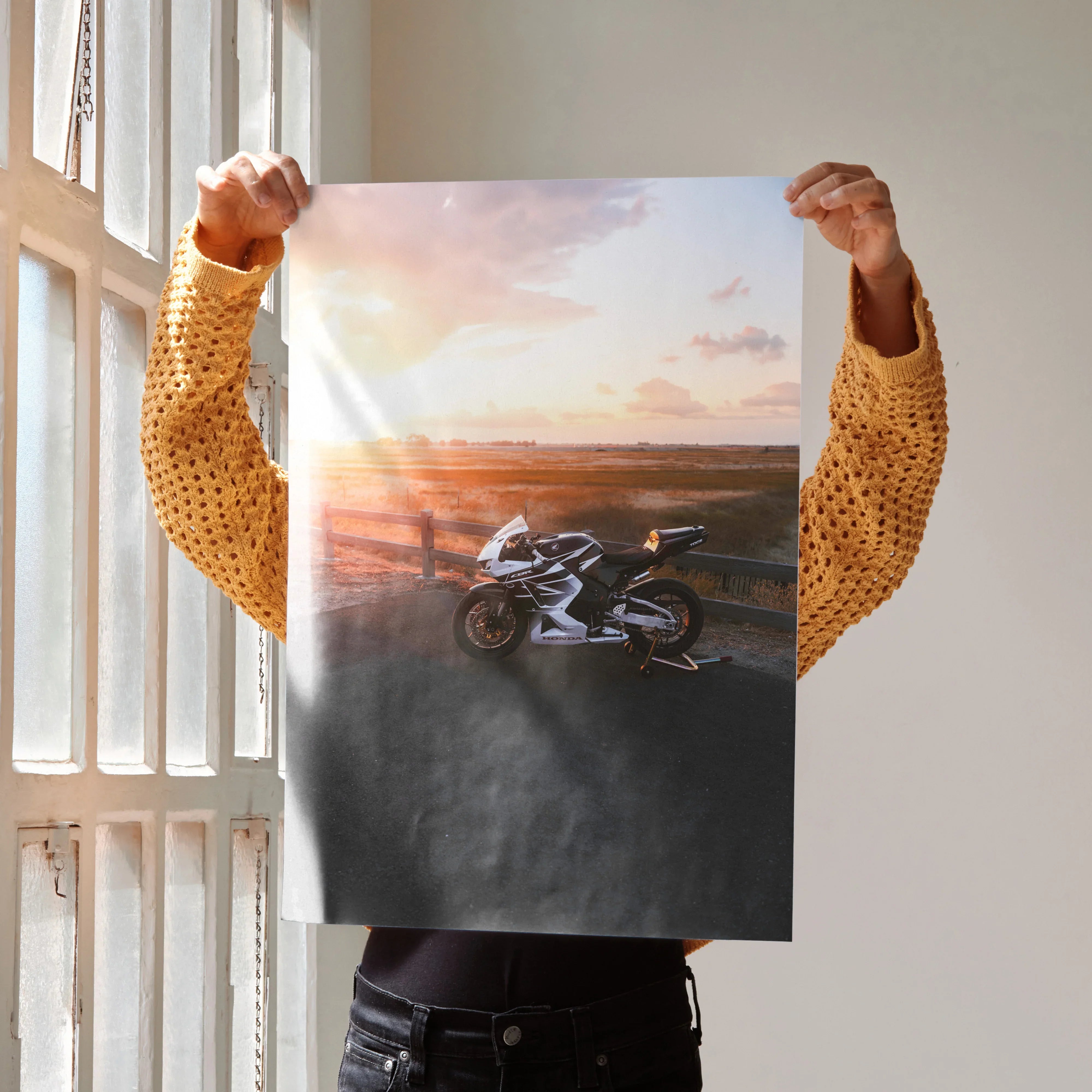 Honda CBR600RR motorcycle poster with sunset background premium wall art print.