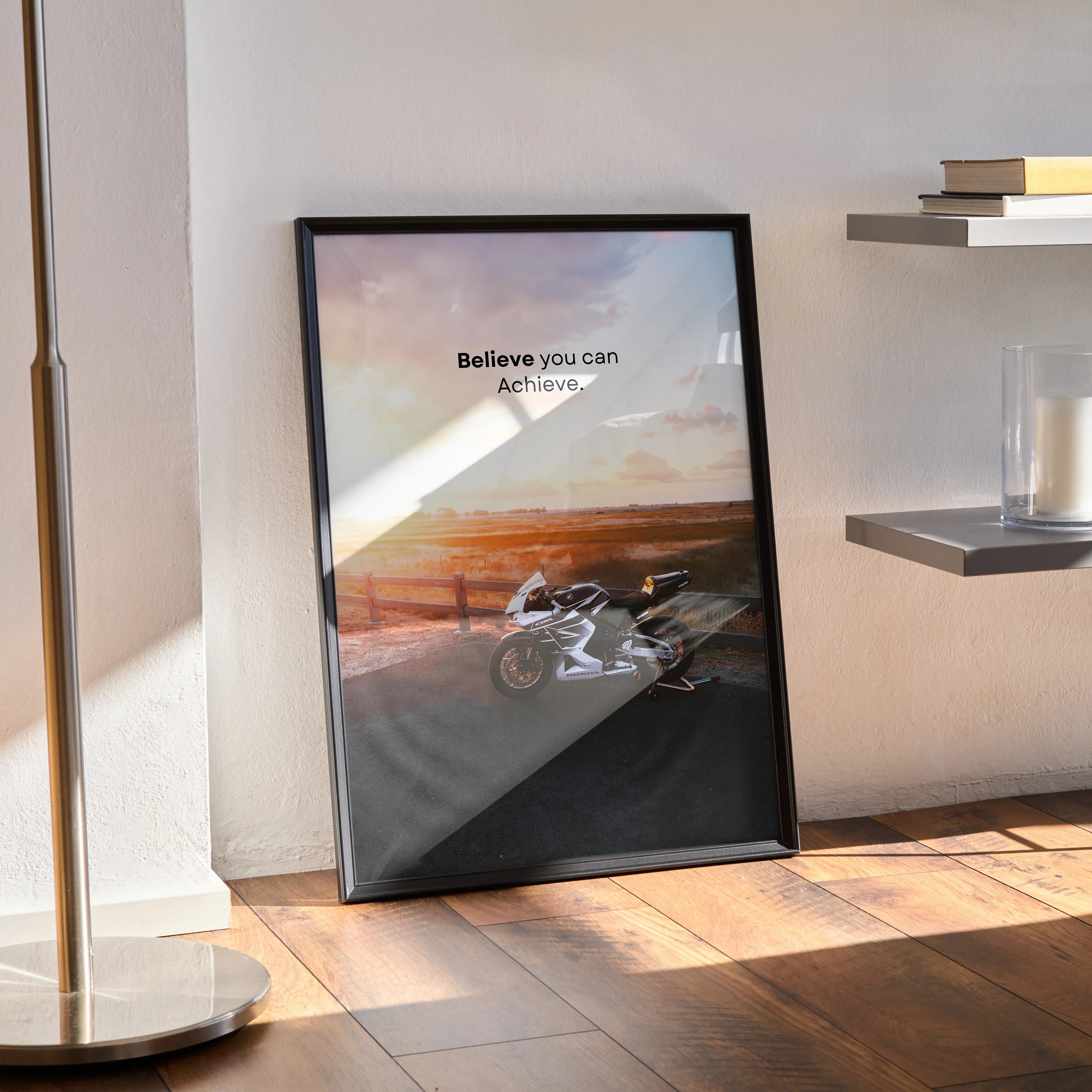 Honda CBR600RR motivational poster with inspiring text in black frame wall art.