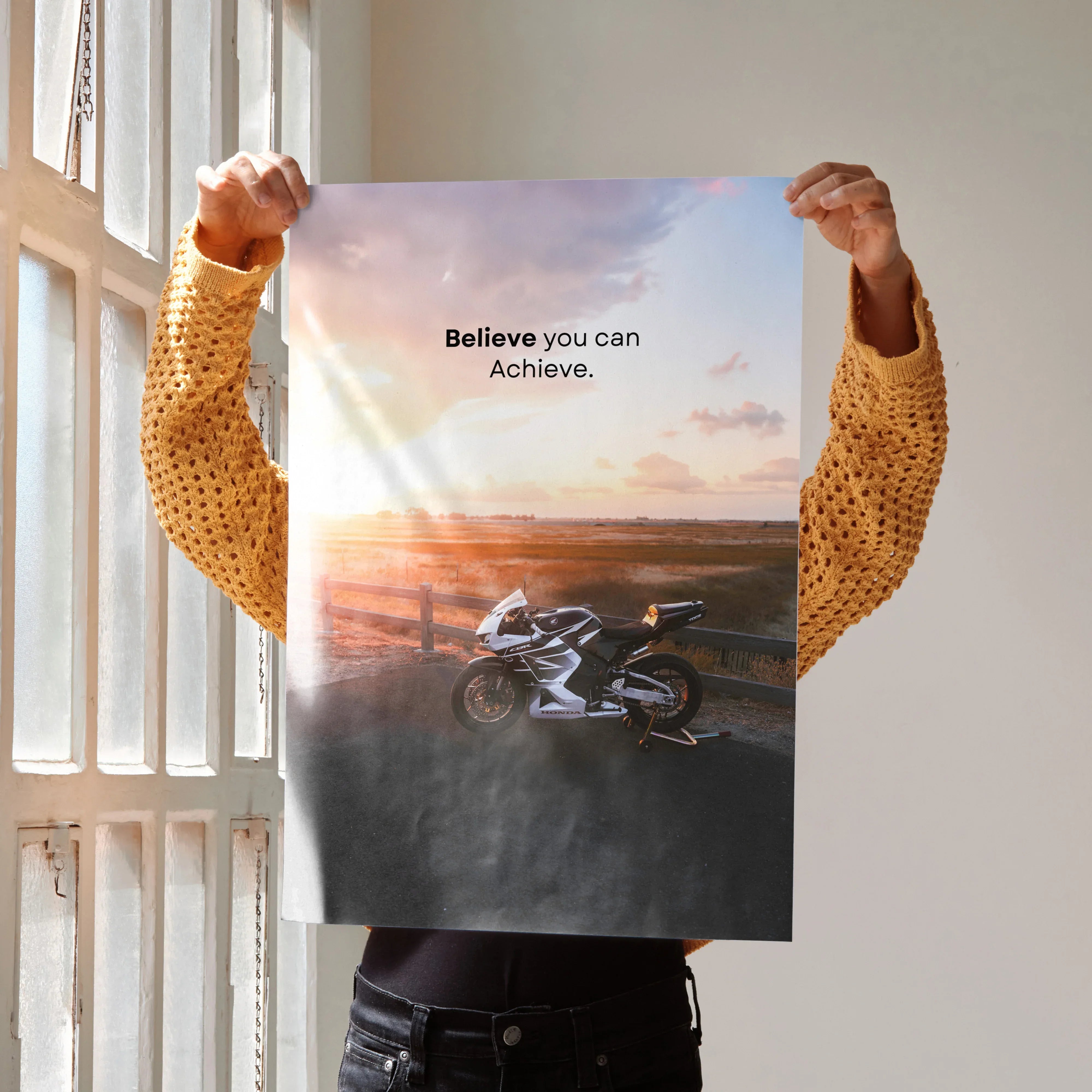Motivational poster with Honda CBR600RR motorcycle and inspiring text "Believe you can Achieve" wall art.