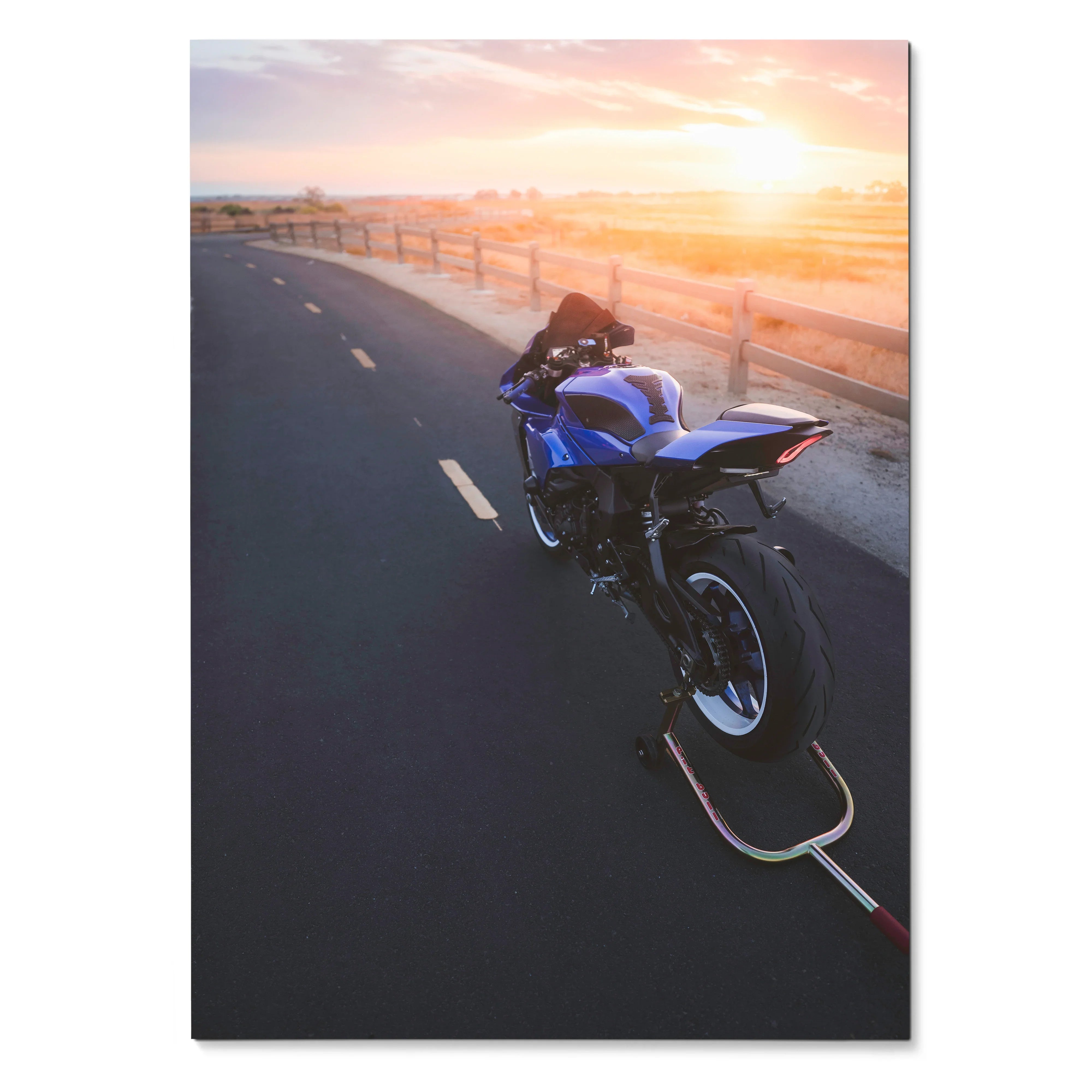 Yamaha R1 motorcycle on empty road during sunset poster wall art print.