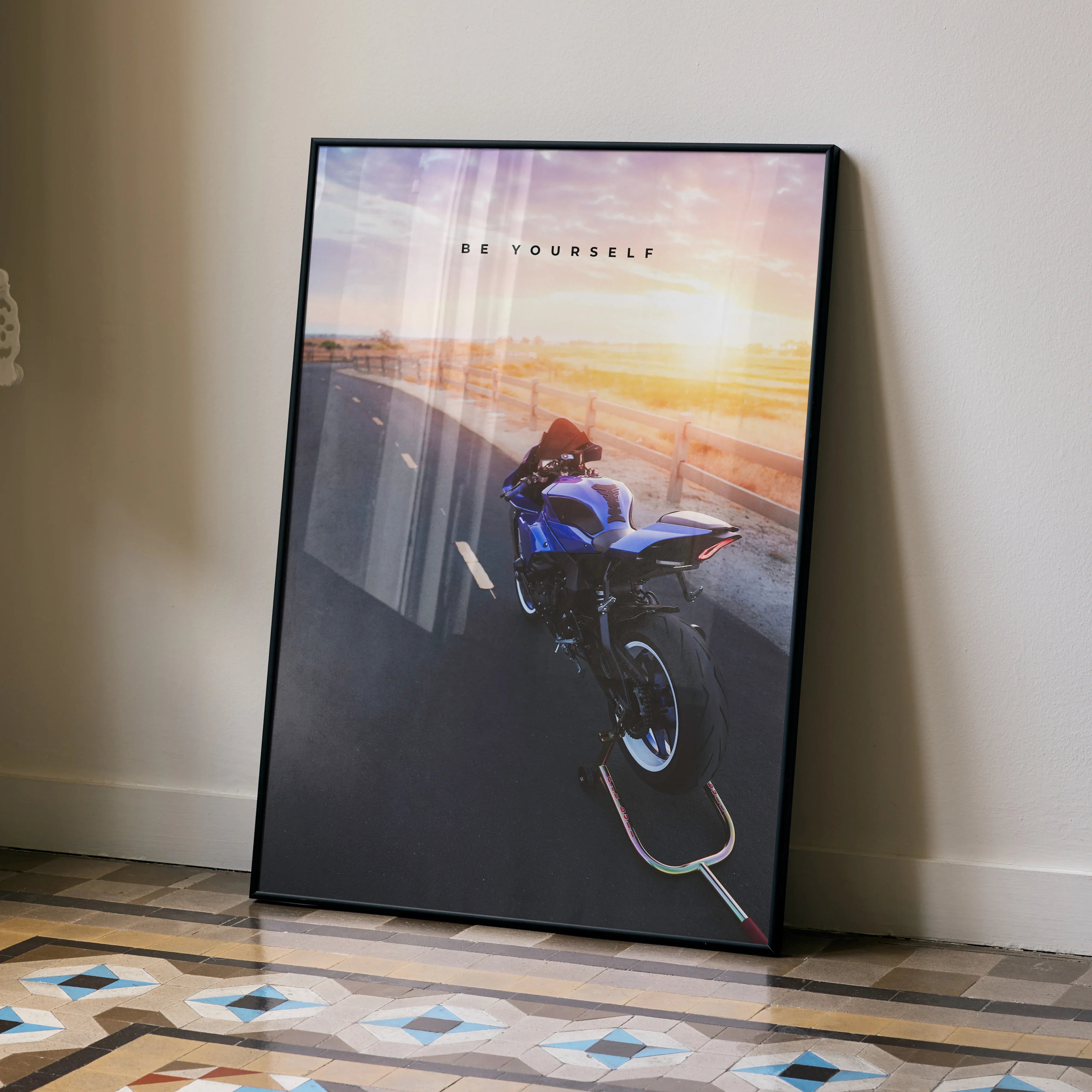 Motivational poster wall art featuring Yamaha R1 motorcycle riding into sunset on open road.