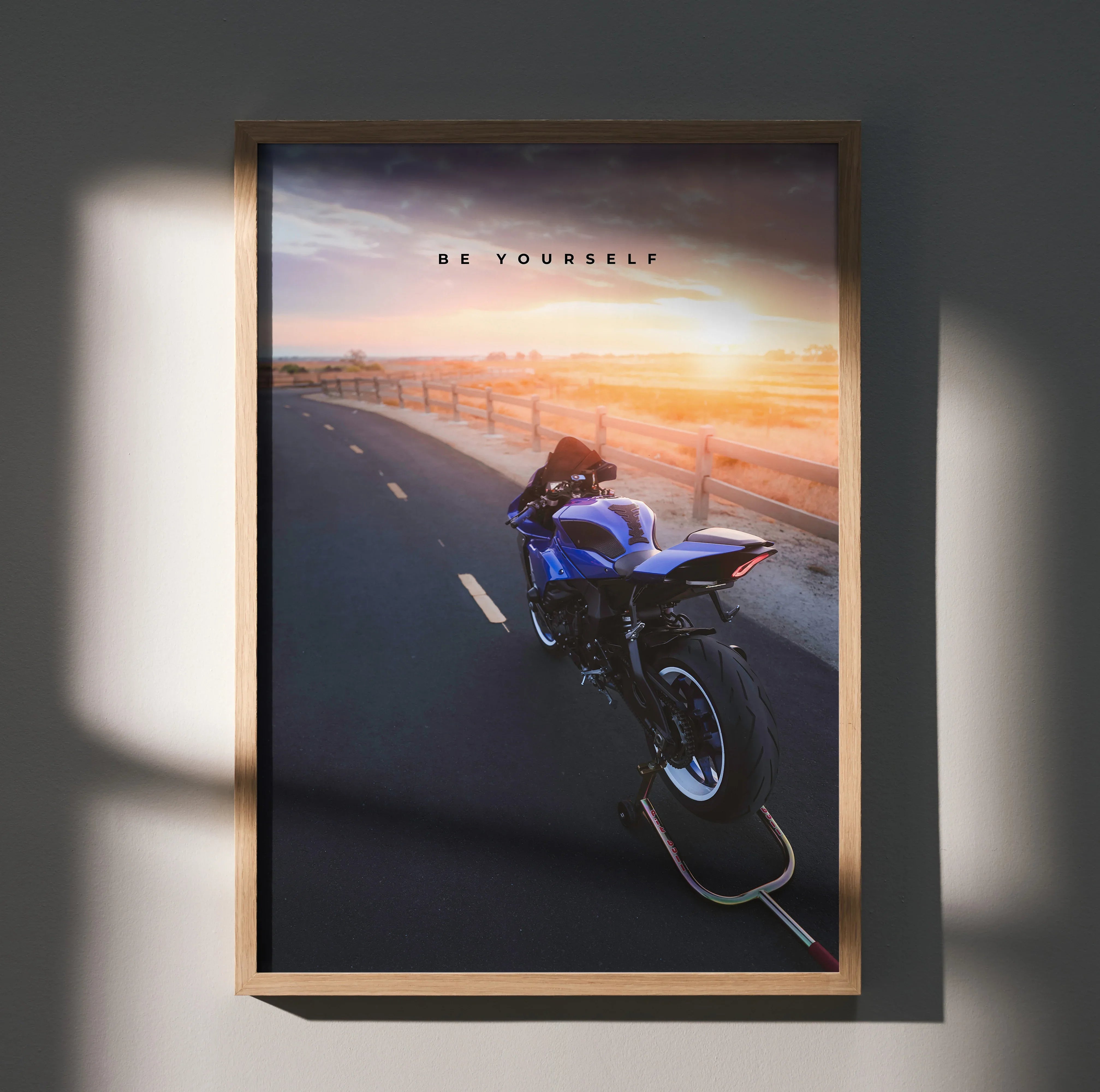 Yamaha R1 motorcycle on open road at sunset motivational poster wall art.