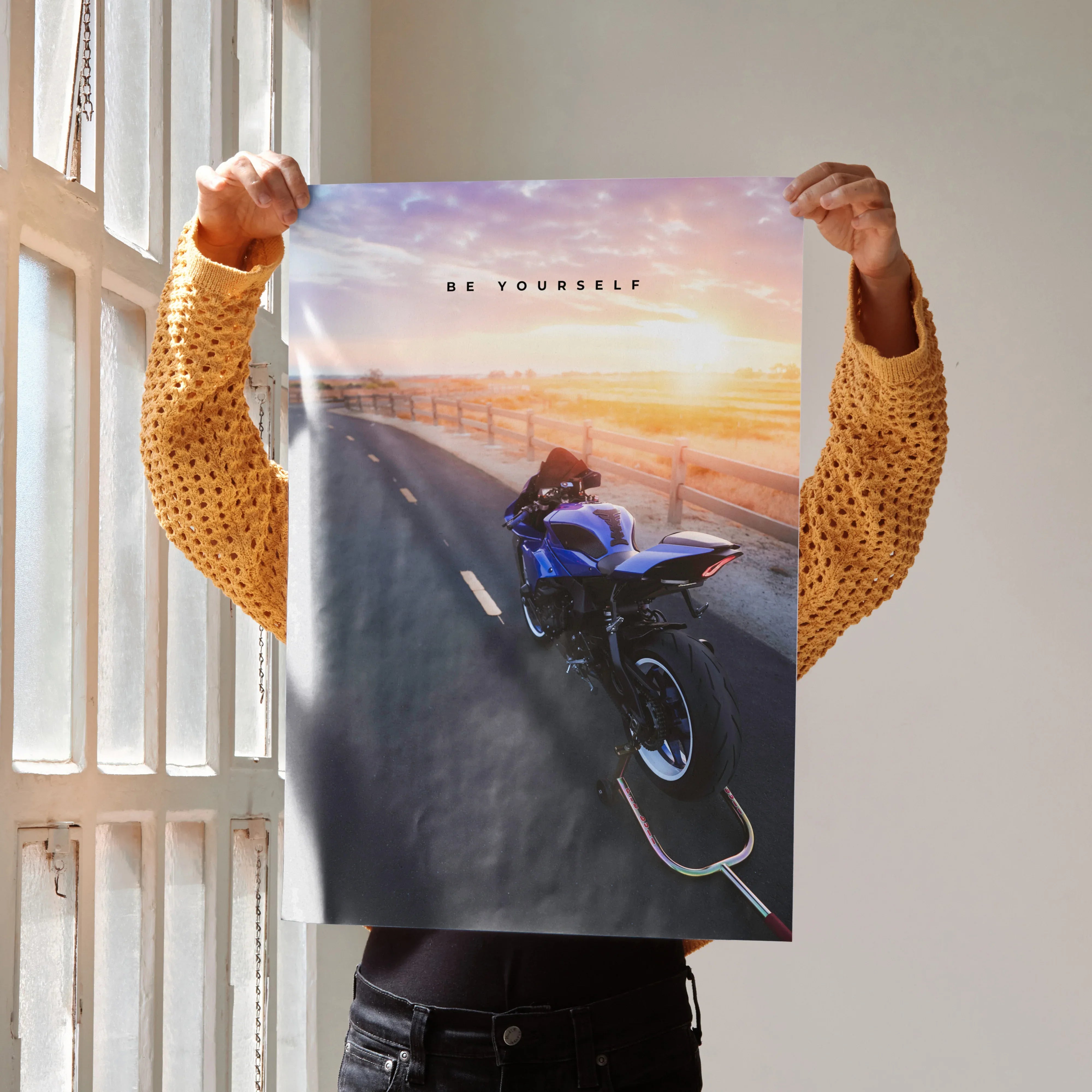 Yamaha R1 motorcycle on open road at sunset motivational poster wall art.