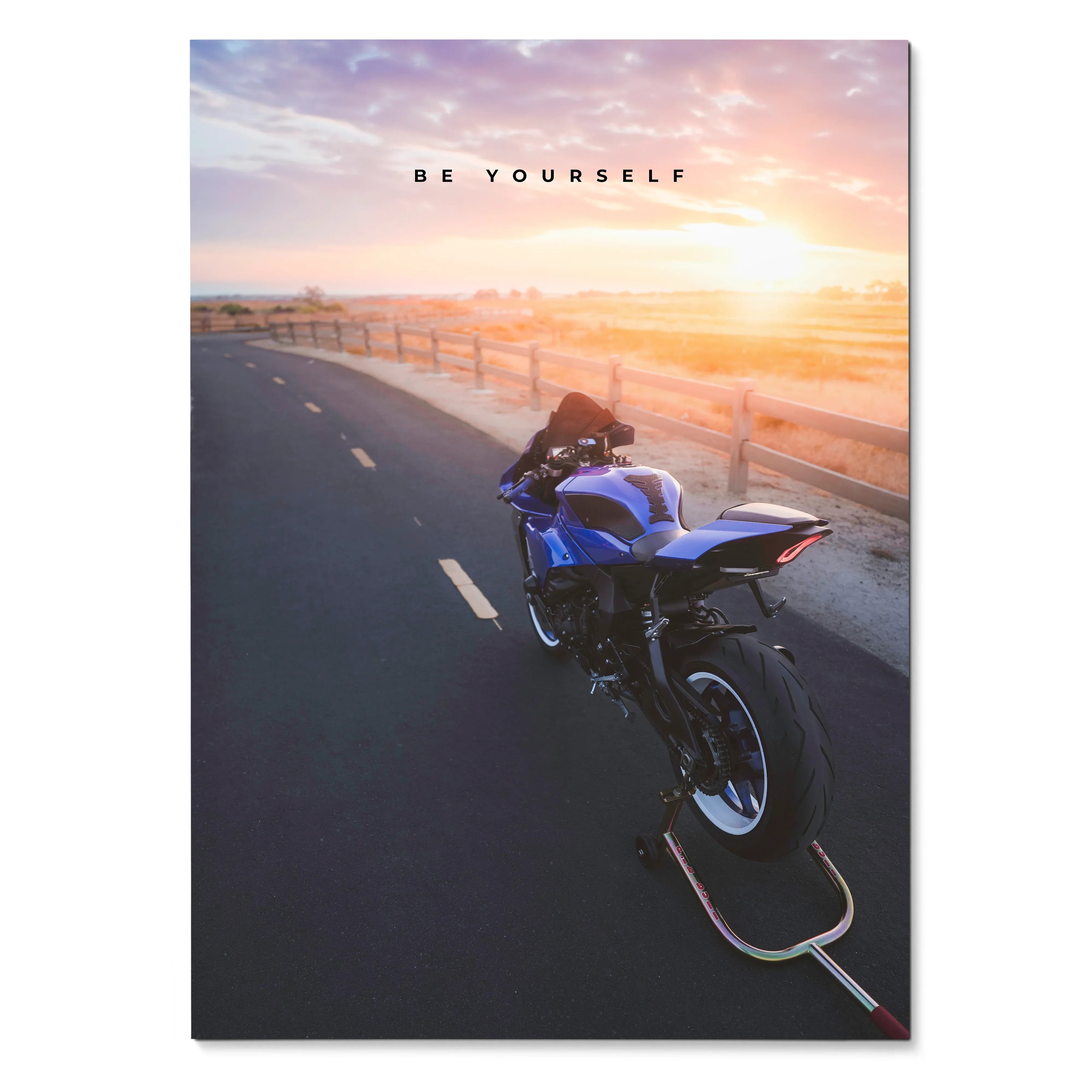Yamaha R1 motorcycle on open road at sunset with "Be Yourself" text motivational poster wall art.