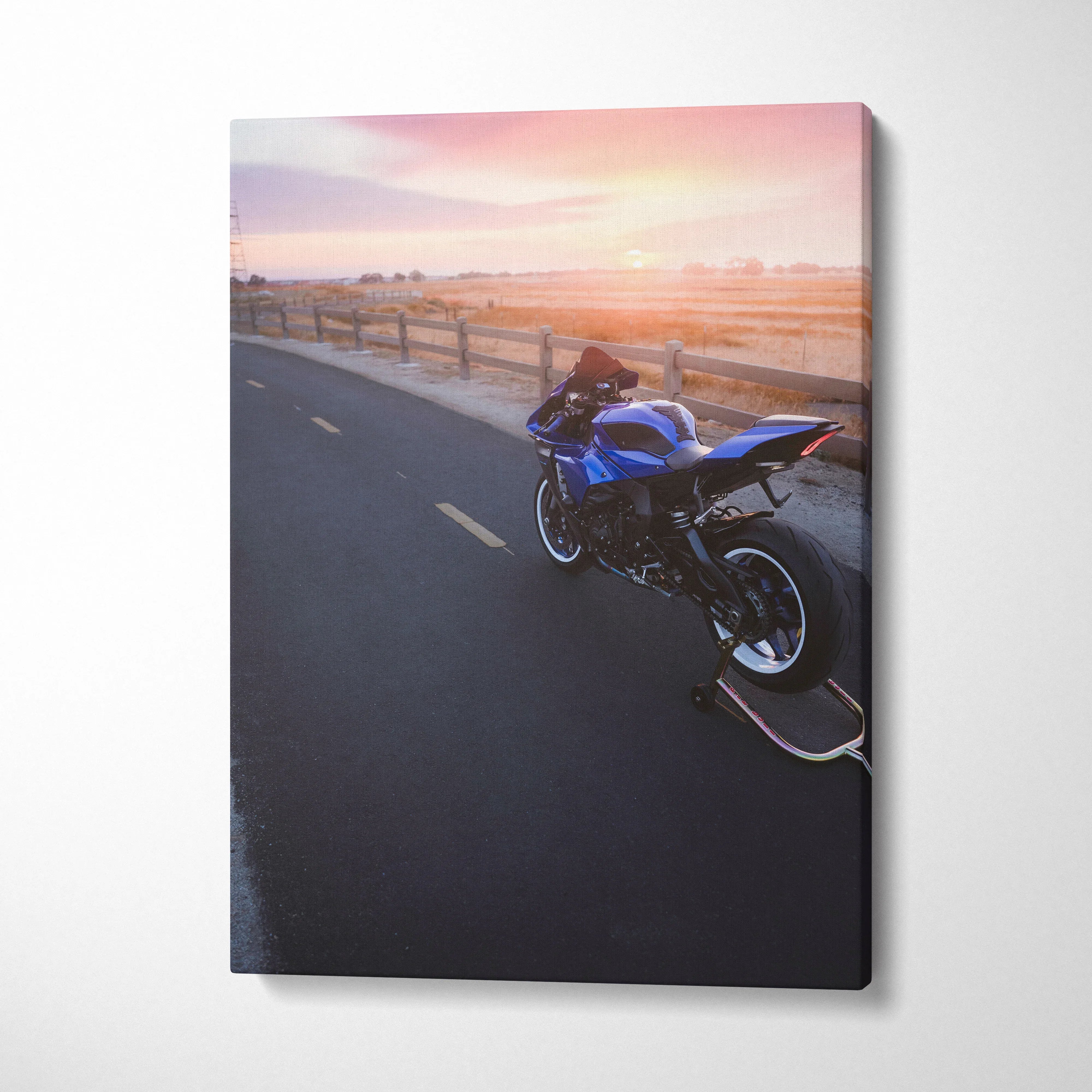 Yamaha R1 motorcycle canvas wall art with sunset background, vertical high-resolution print.