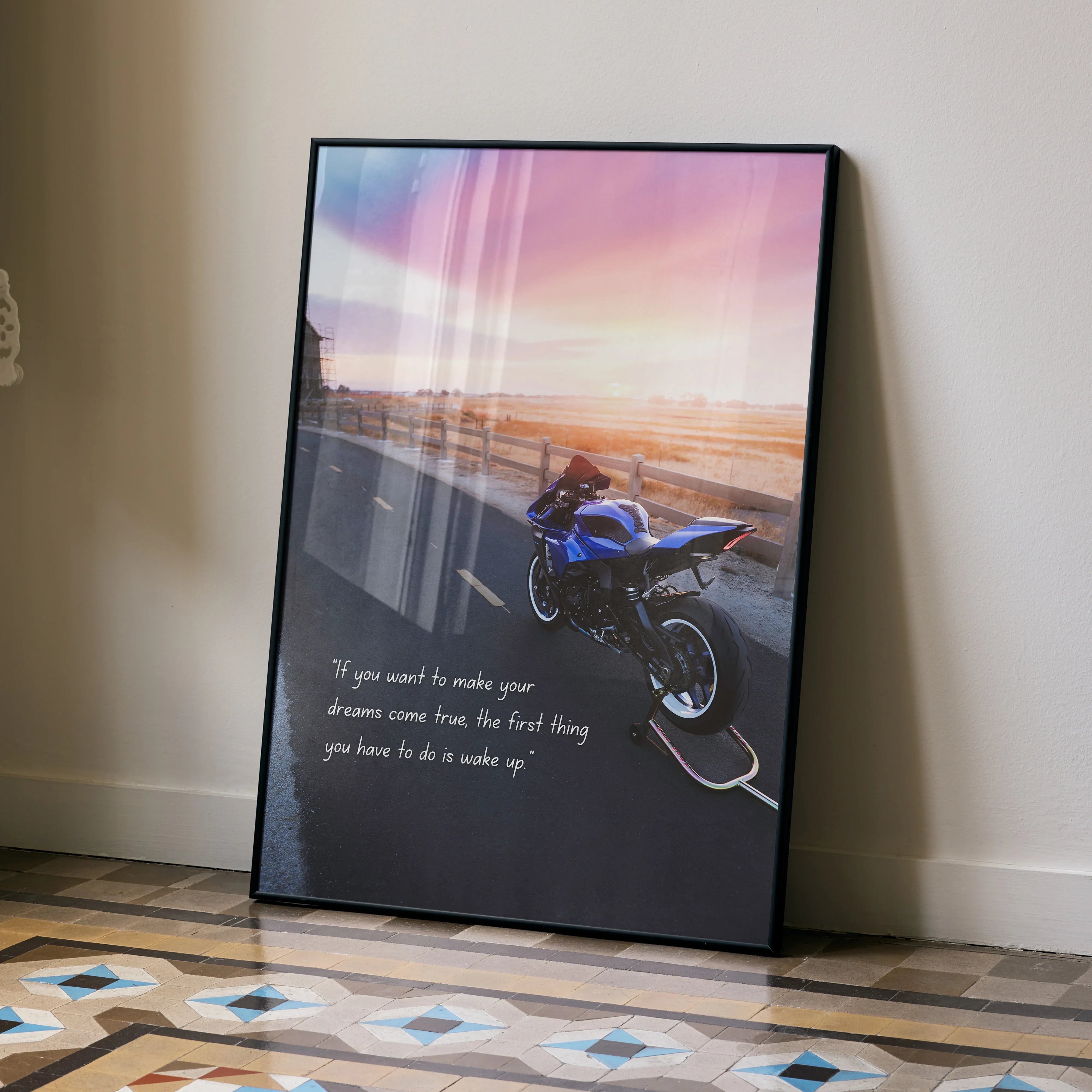 Motivational poster with blue Yamaha R1 motorcycle against sunset beach backdrop wall art.
