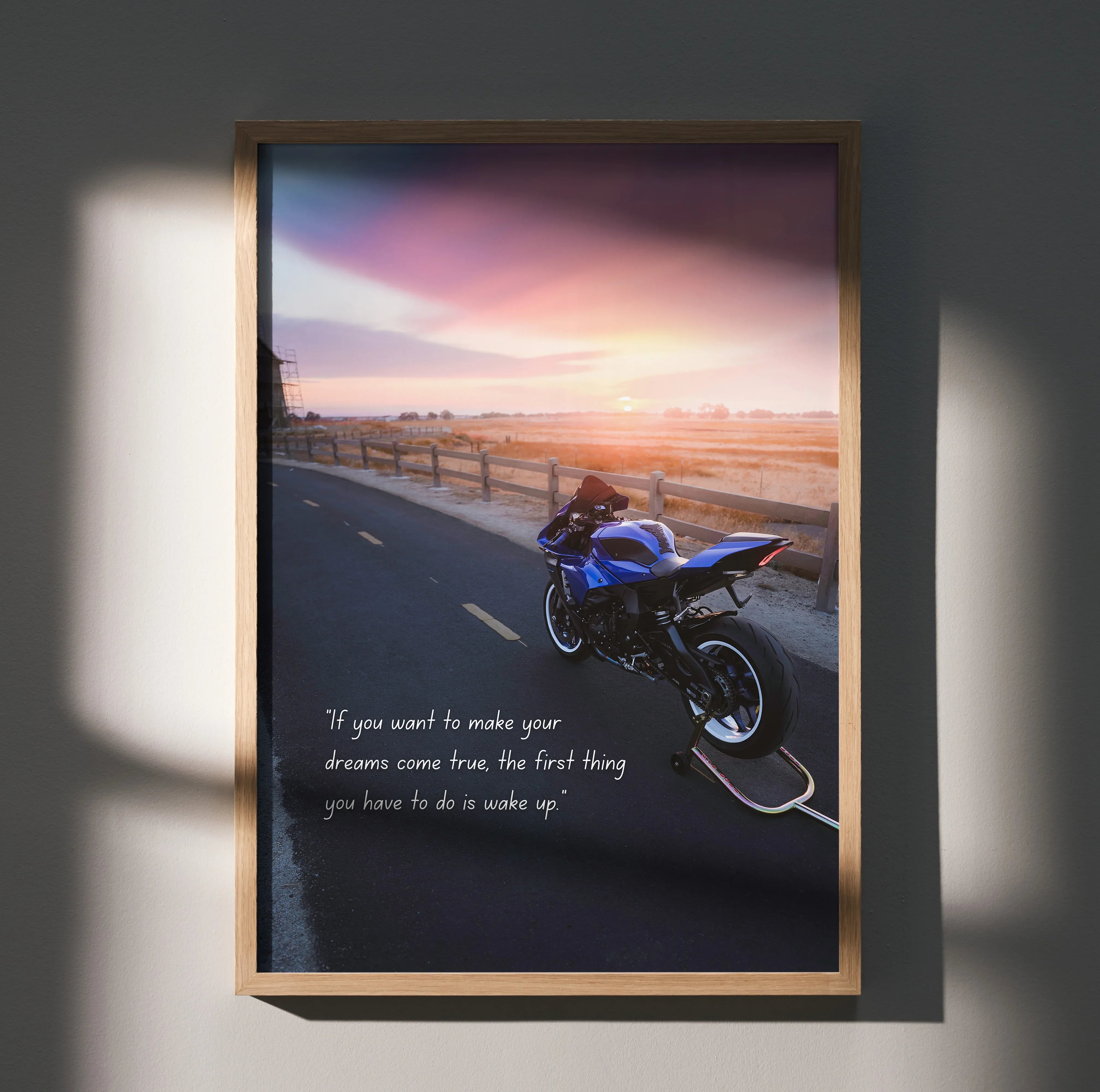 Yamaha R1 motorcycle poster with sunset background and motivational quote wall art.