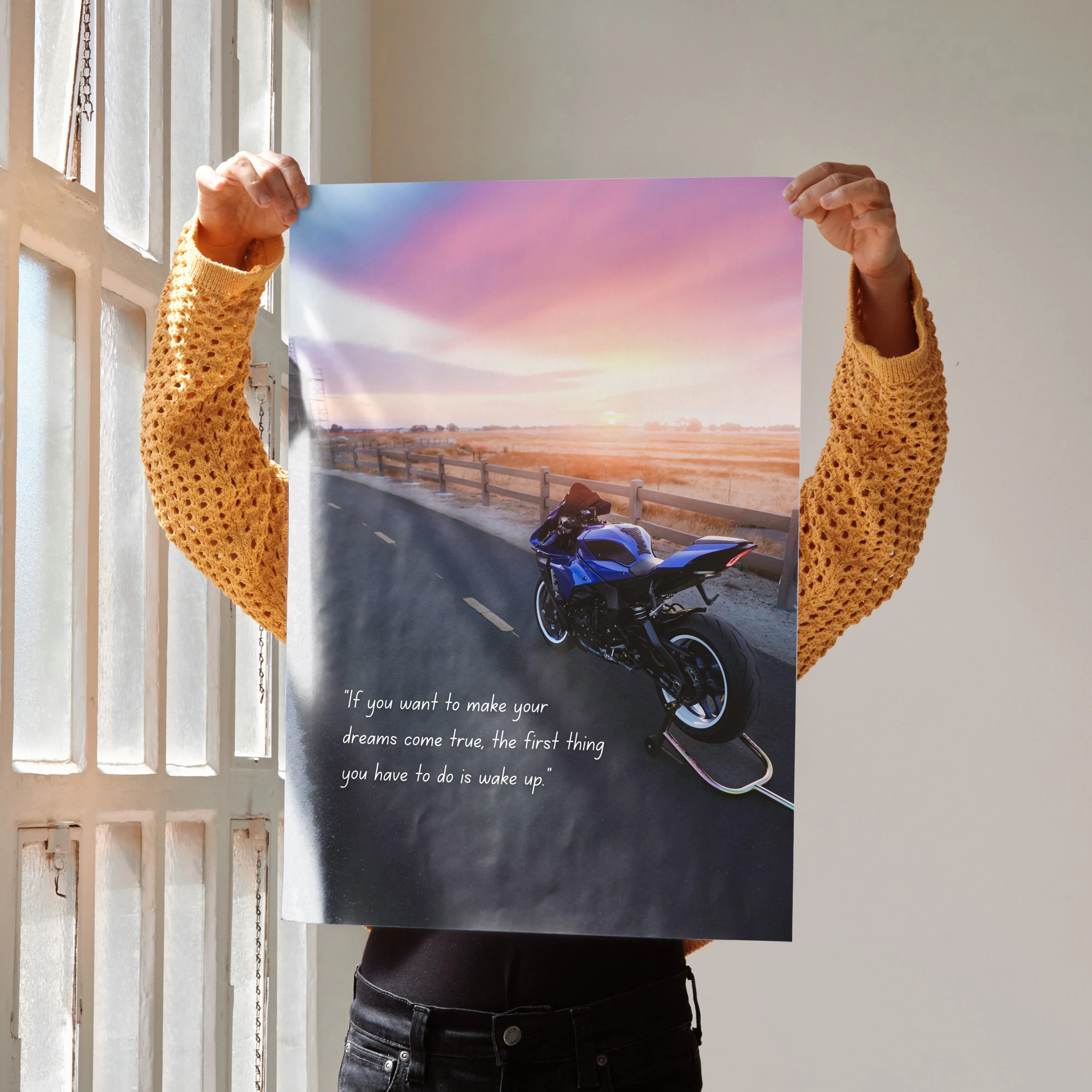 Motivational poster wall art with Yamaha R1 motorcycle and inspiring text on sunset road background.