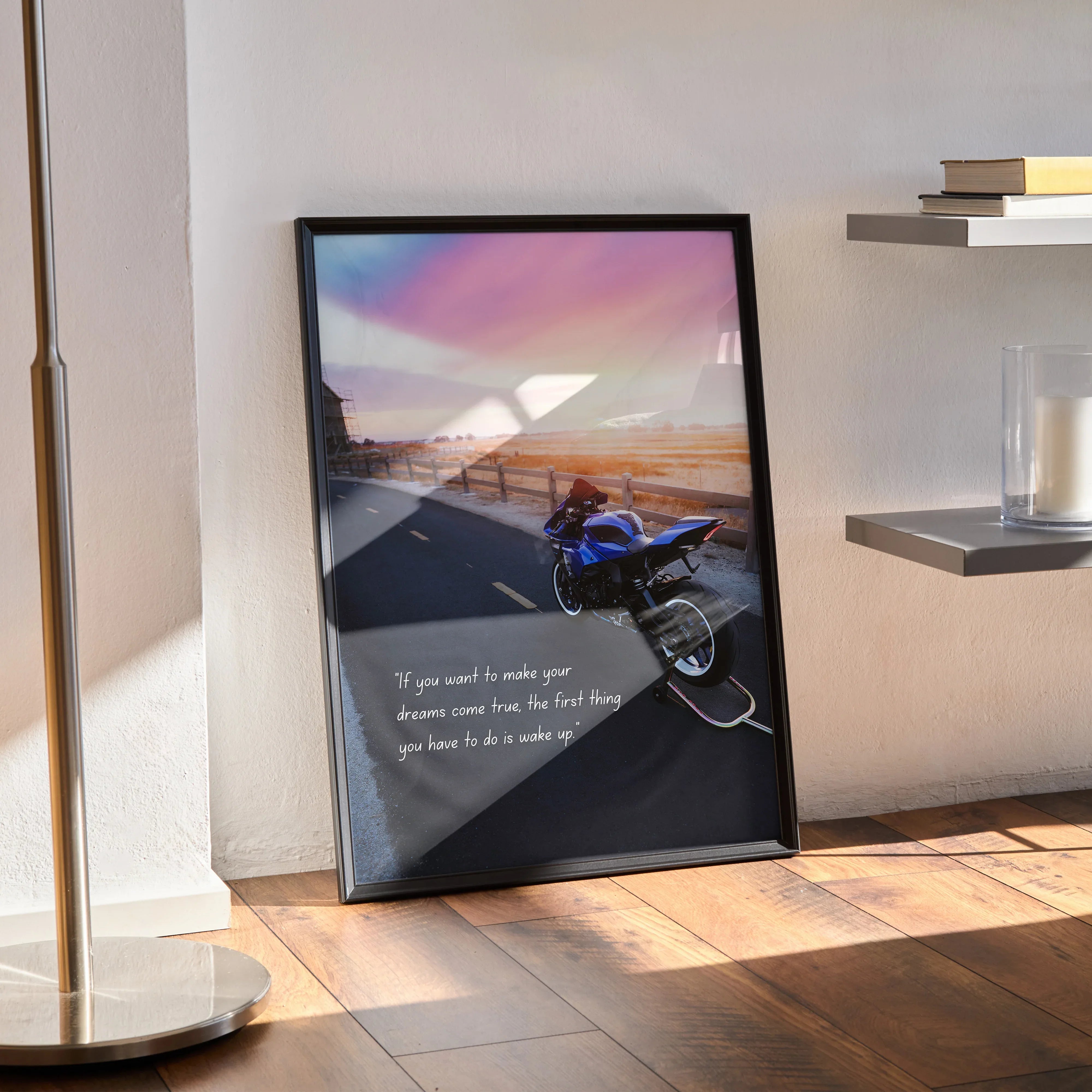 Framed Yamaha R1 motorcycle poster with inspirational text in a sunset beach setting wall art.