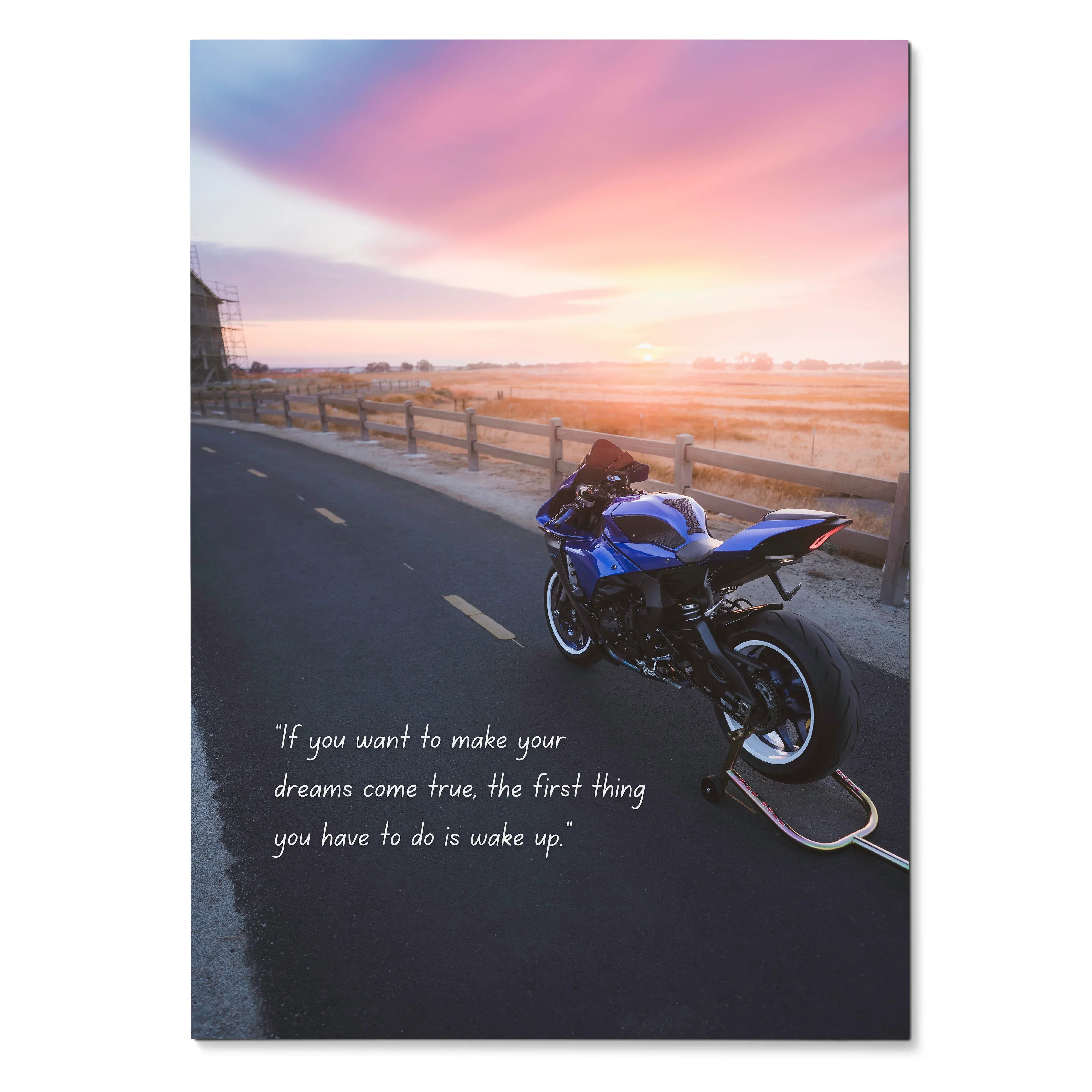 Yamaha R1 motorcycle parked on road at sunset with motivational quote poster wall art.