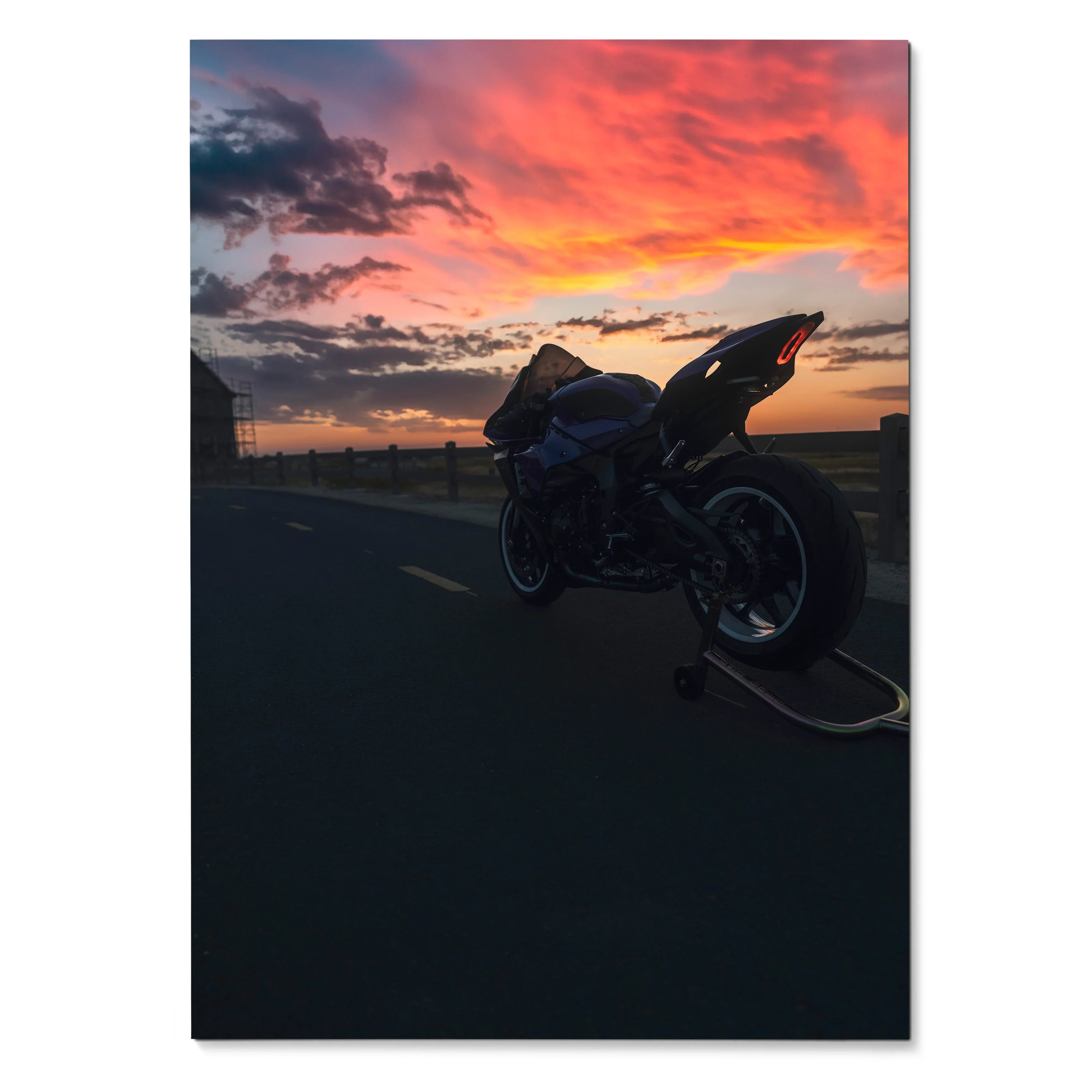 Yamaha R1 motorcycle silhouette against vibrant sunset sky poster wall art.