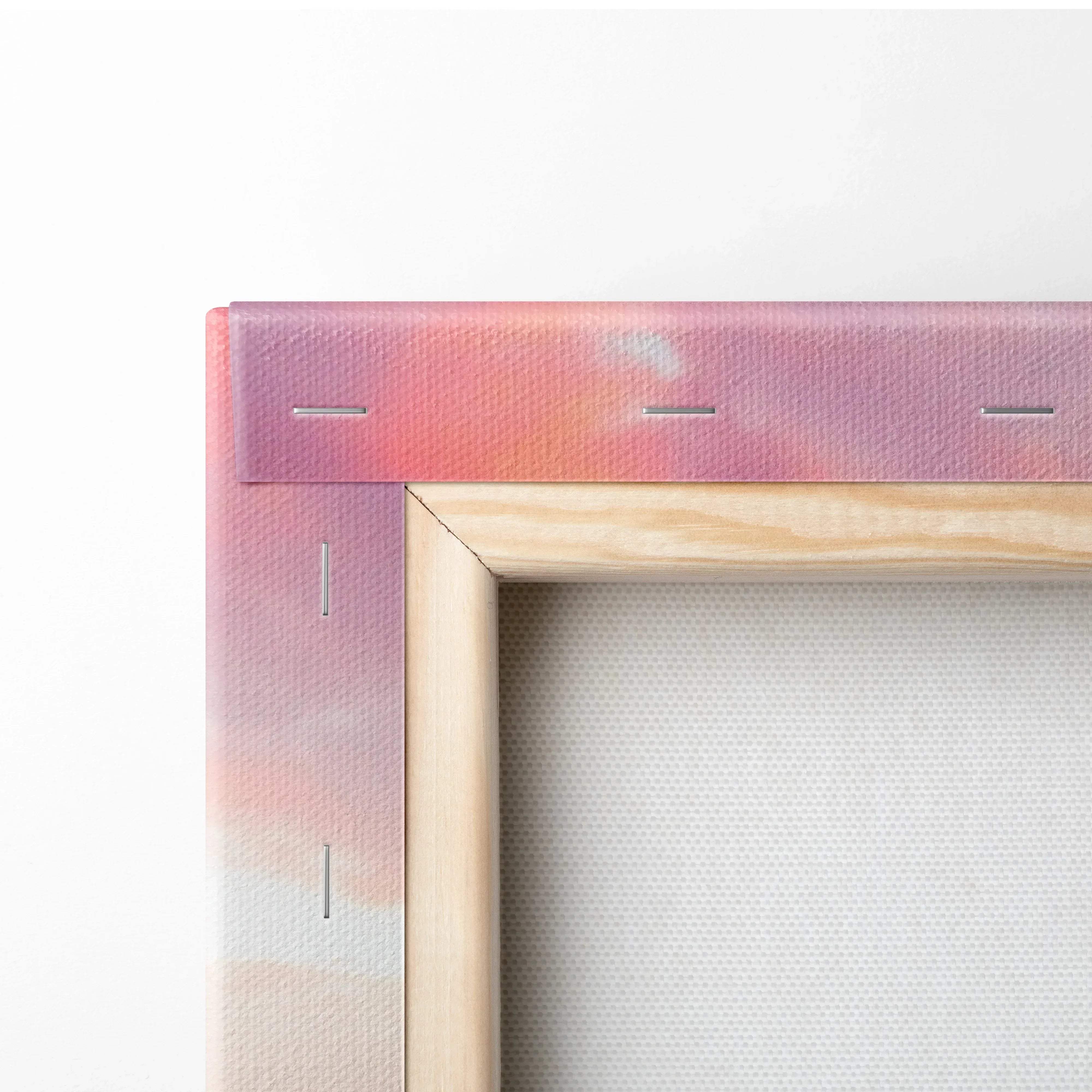 A soft gradient canvas wall art with pink orange and lavender hues in a light wood frame for vertical yamaha r1 print
