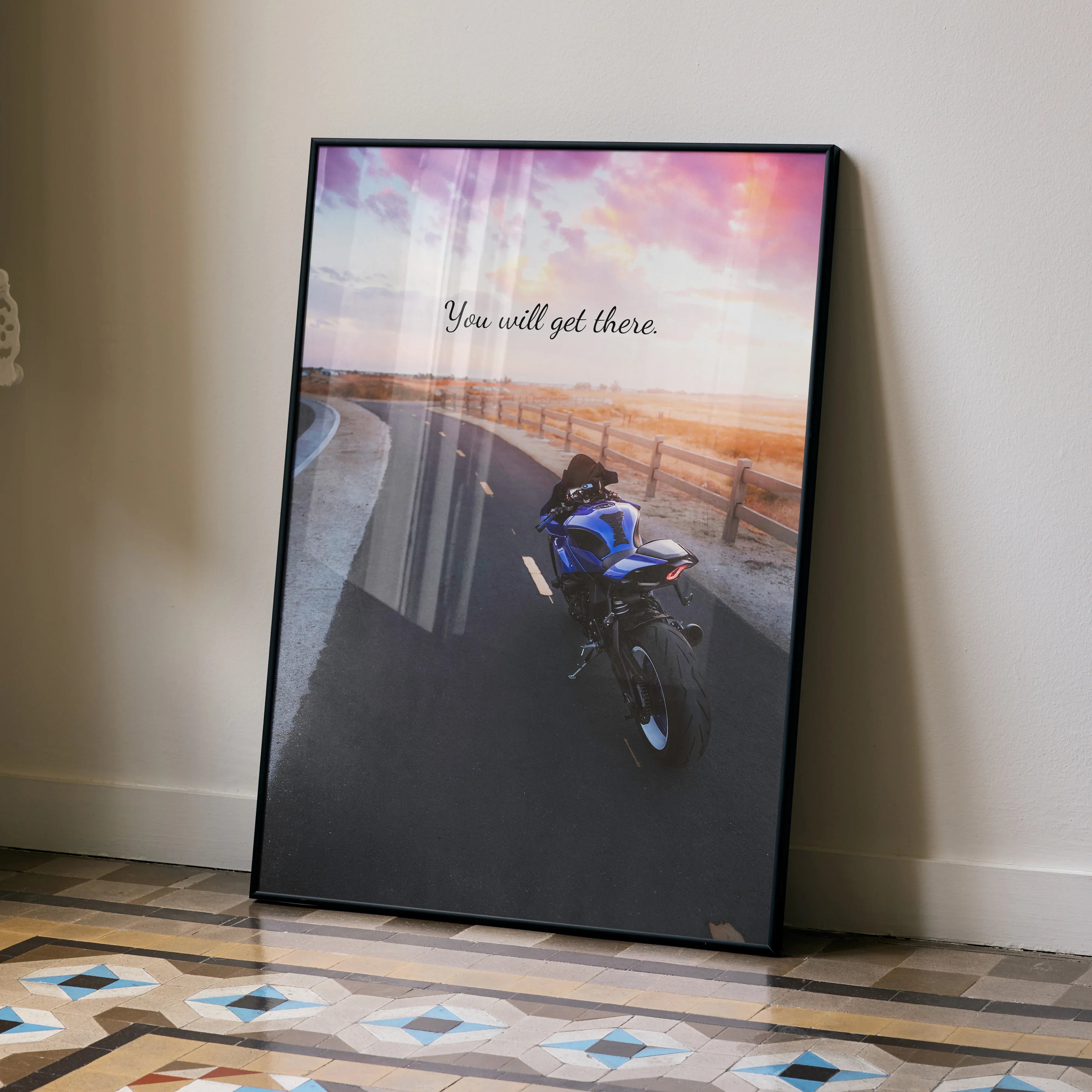 Yamaha R1 motorcycle on road at sunset with "You will get there" text poster wall art.