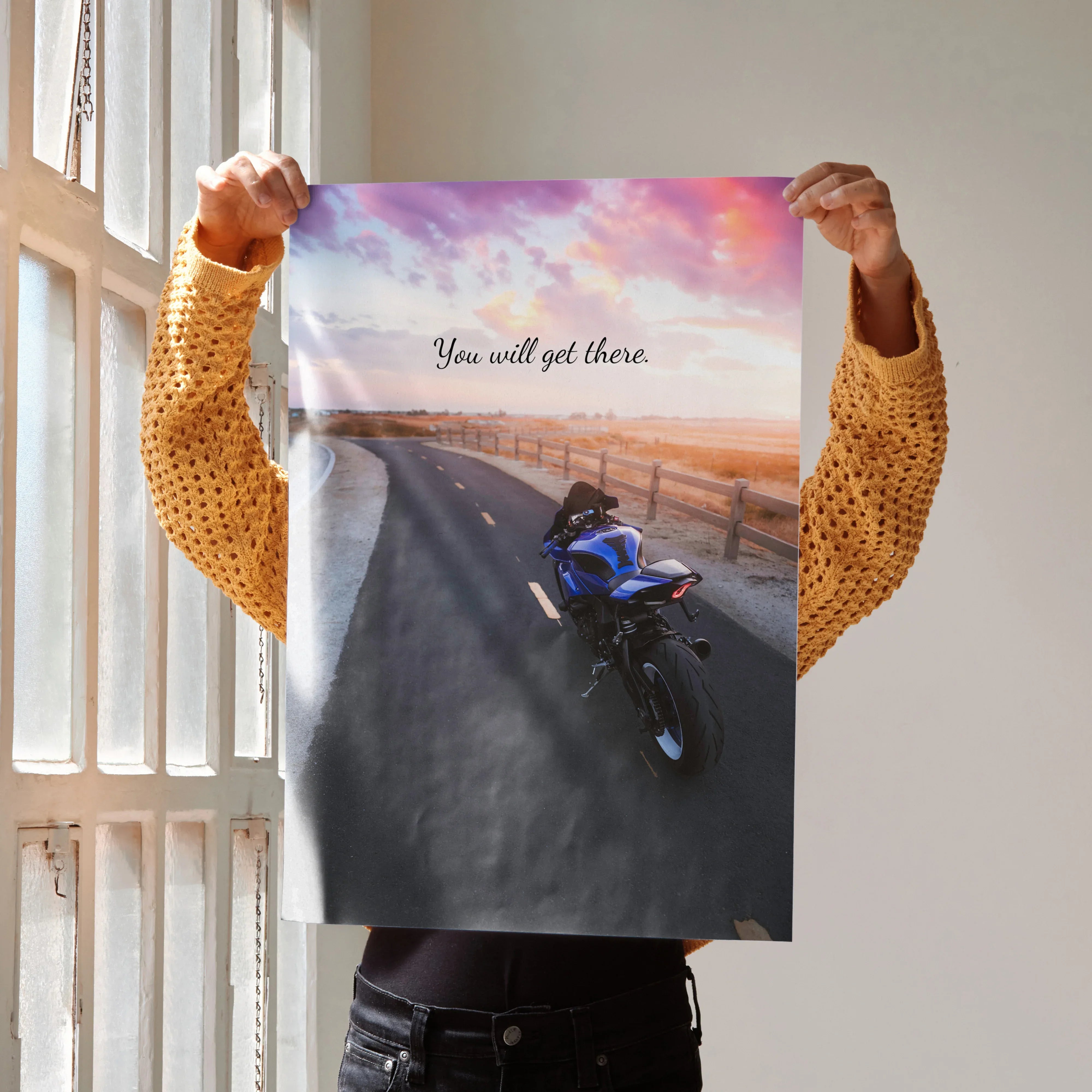 Motivational poster wall art featuring a Yamaha R1 motorcycle on a scenic road at sunset with the text "You will get there.".