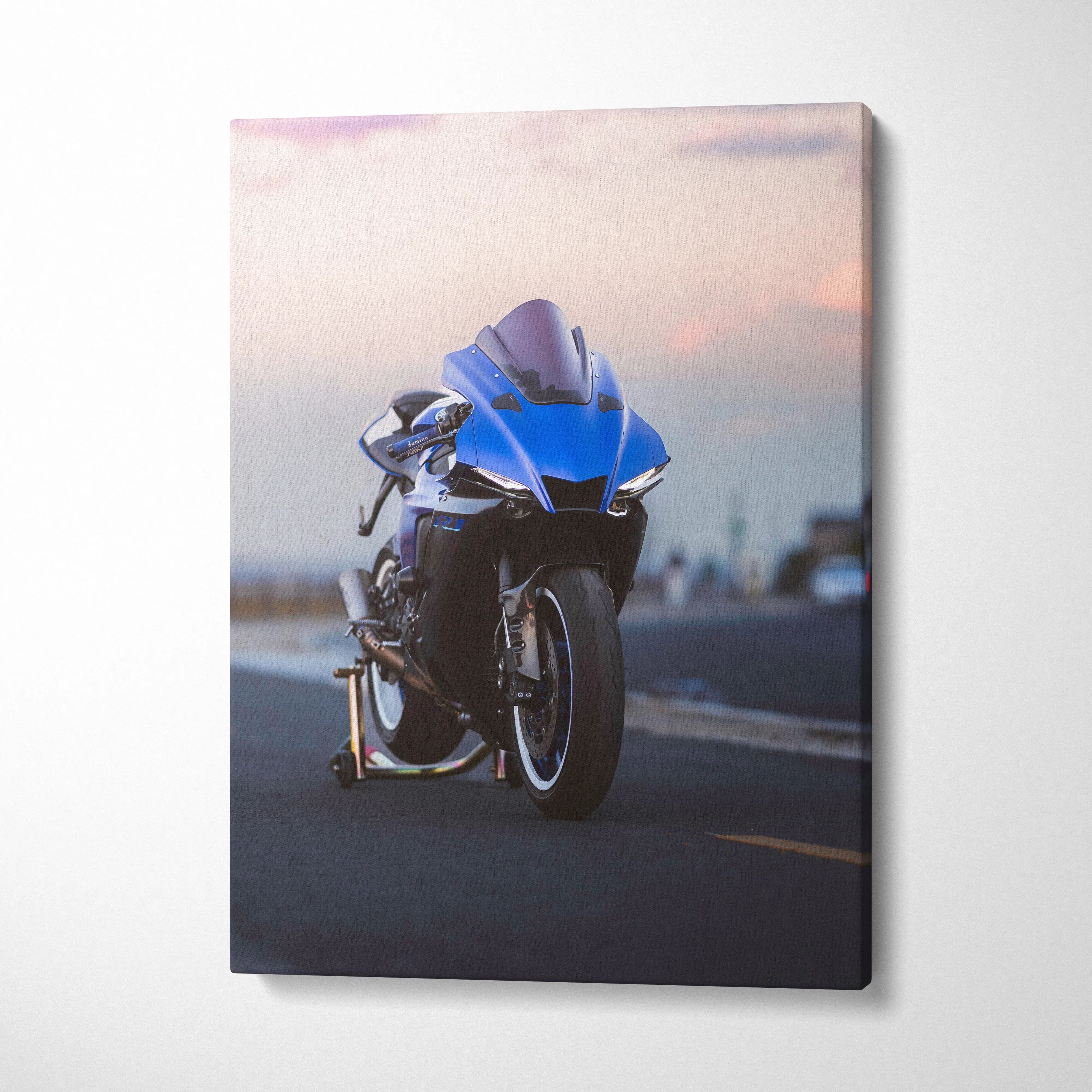 Blue Yamaha R1 motorcycle canvas art with sunset background, vertical wall art print.