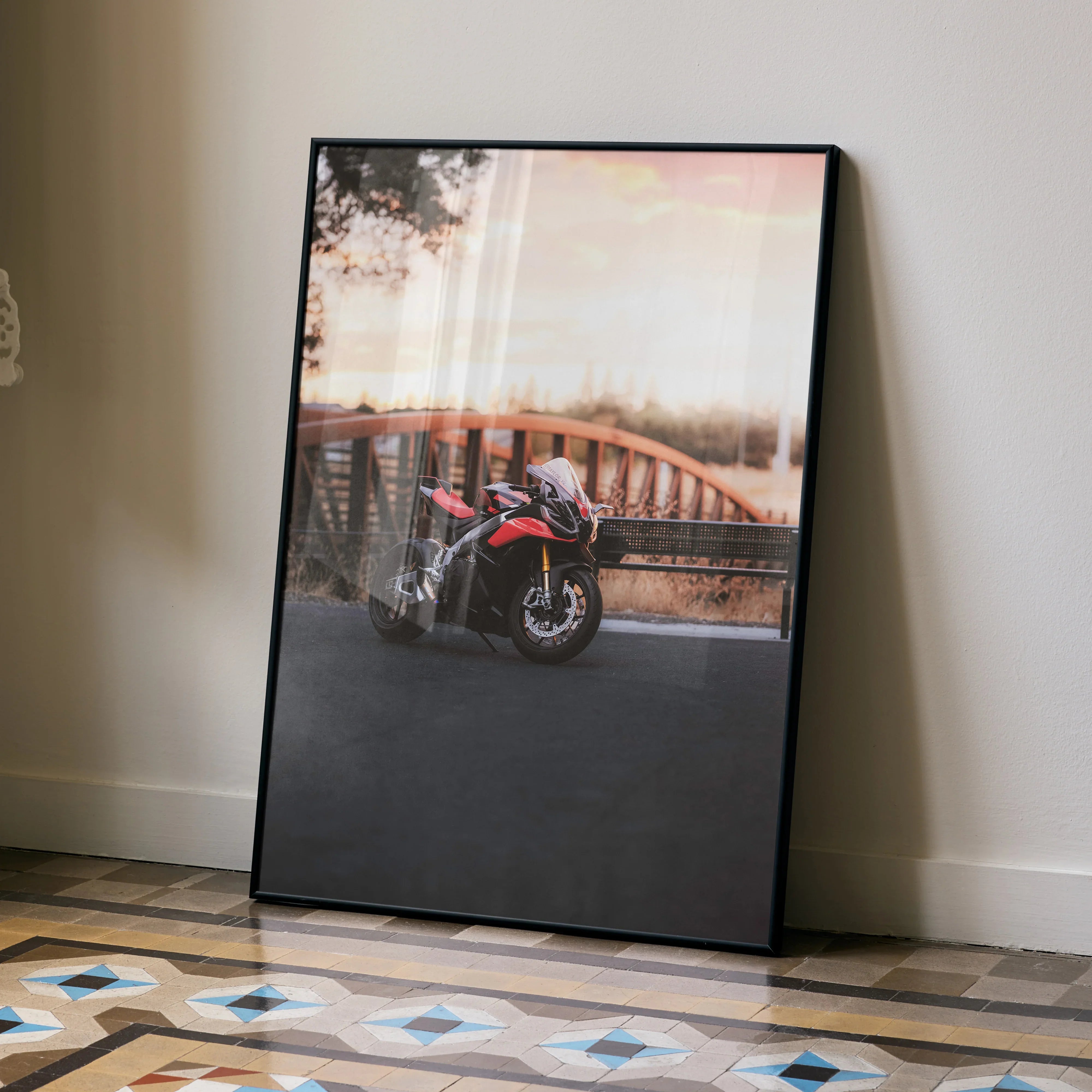 Aprilia RSV4 1100 Factory motorcycle poster with sunset background, framed wall art.