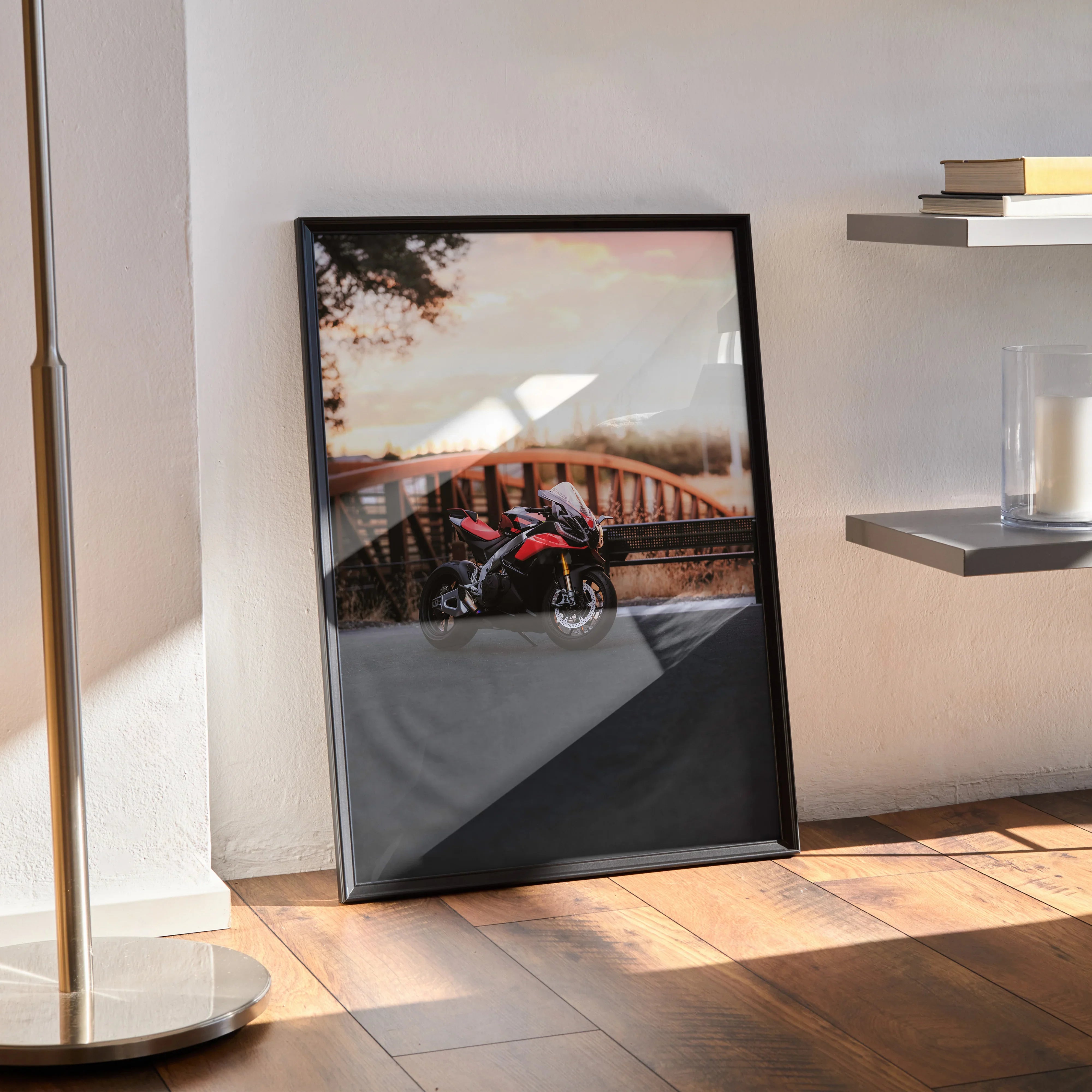 Aprilia RSV4 1100 Factory motorcycle poster with sunset background framed as wall art.