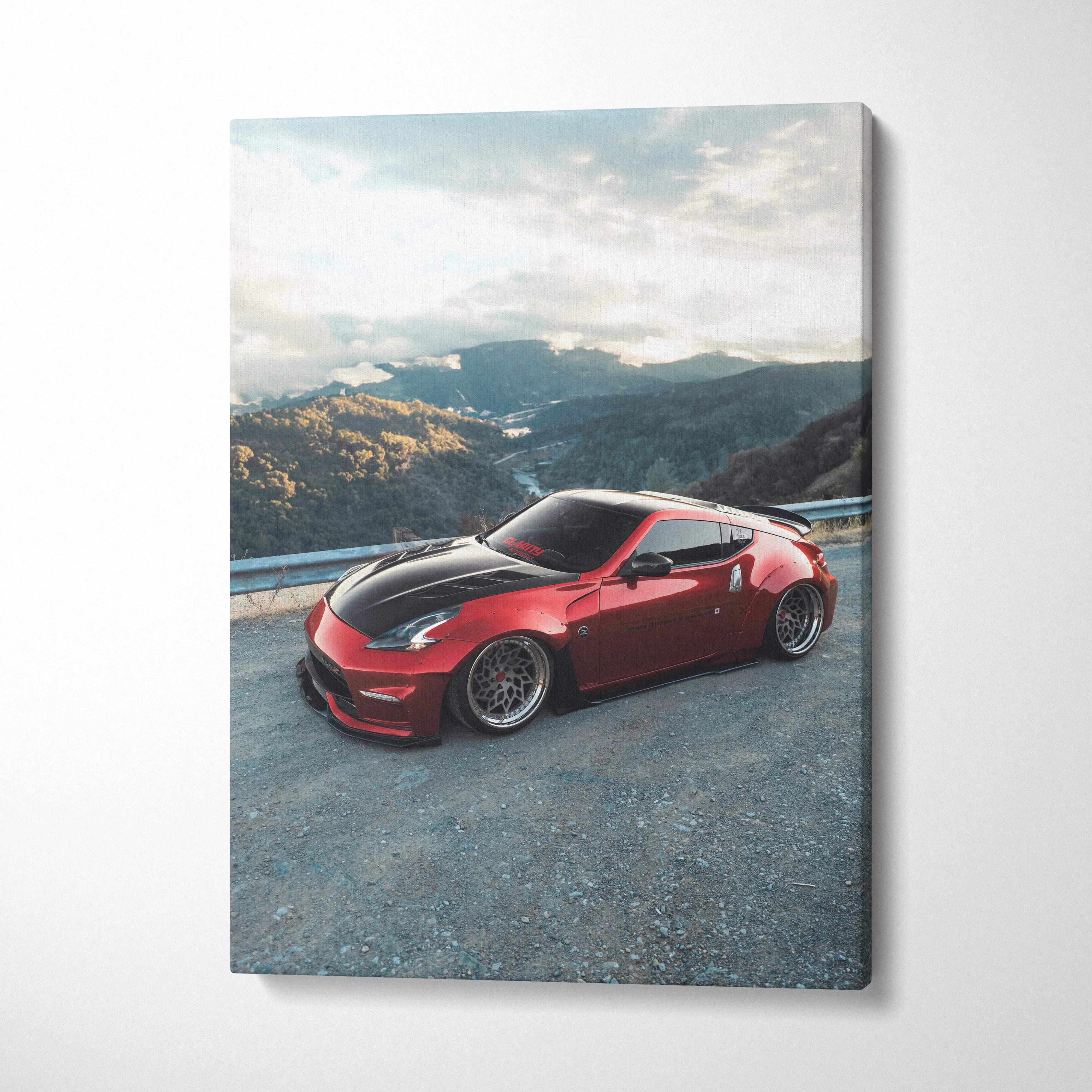 Red Nissan 370z sports car on road with mountains background vertical canvas wall art.