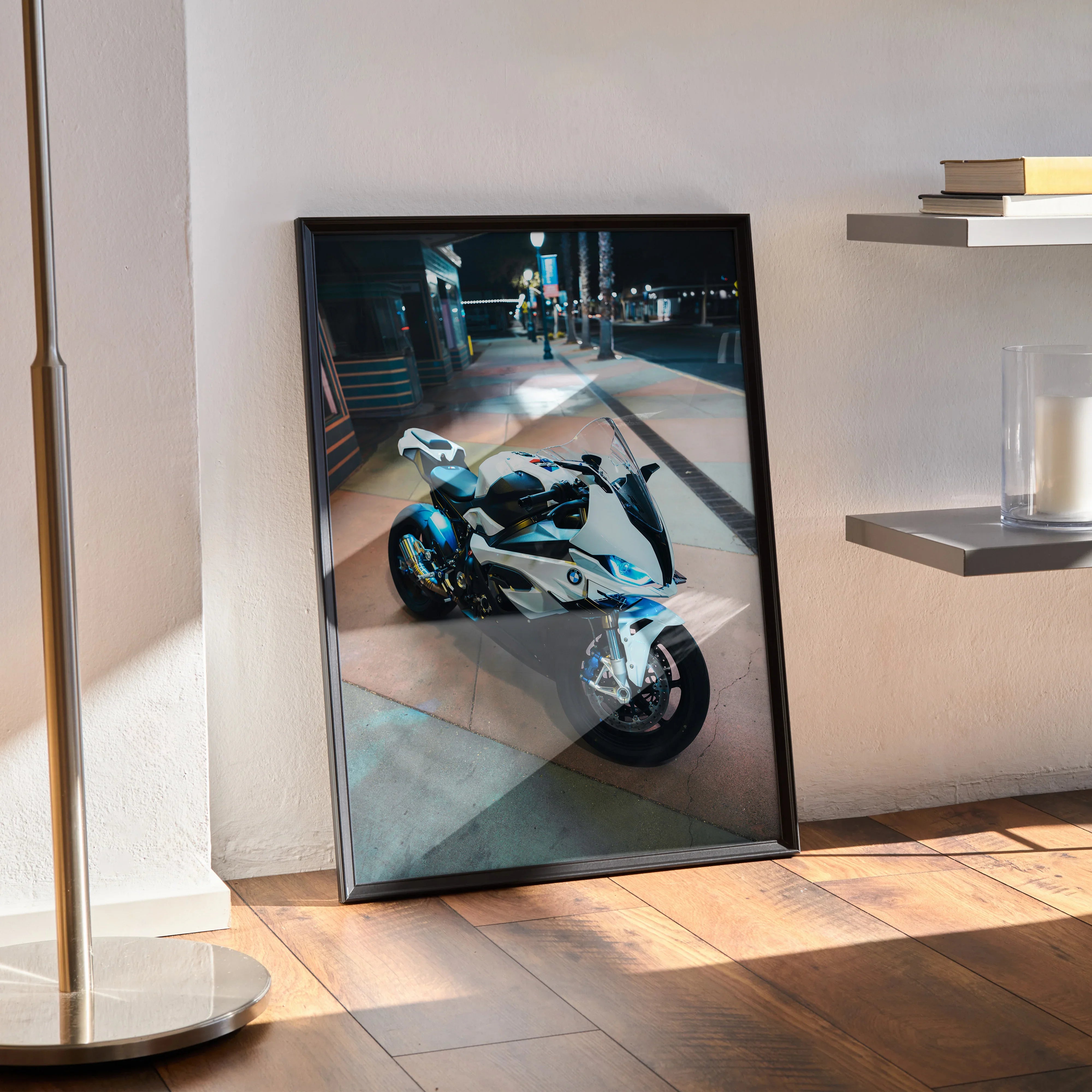 BMW S1000RR motorcycle poster with dynamic night city scene and sleek design wall art.