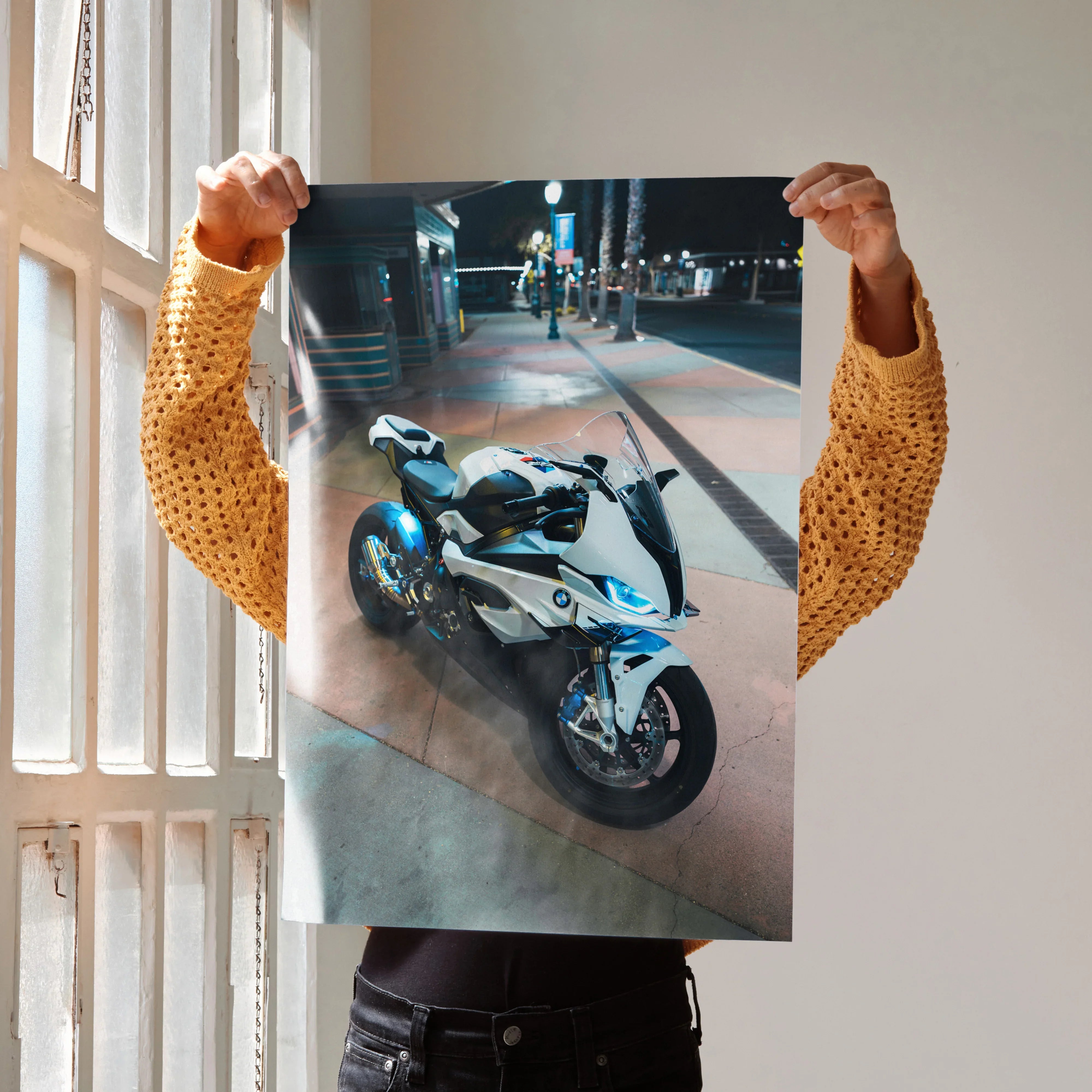 BMW S1000RR motorcycle poster with night city background, premium wall art print.