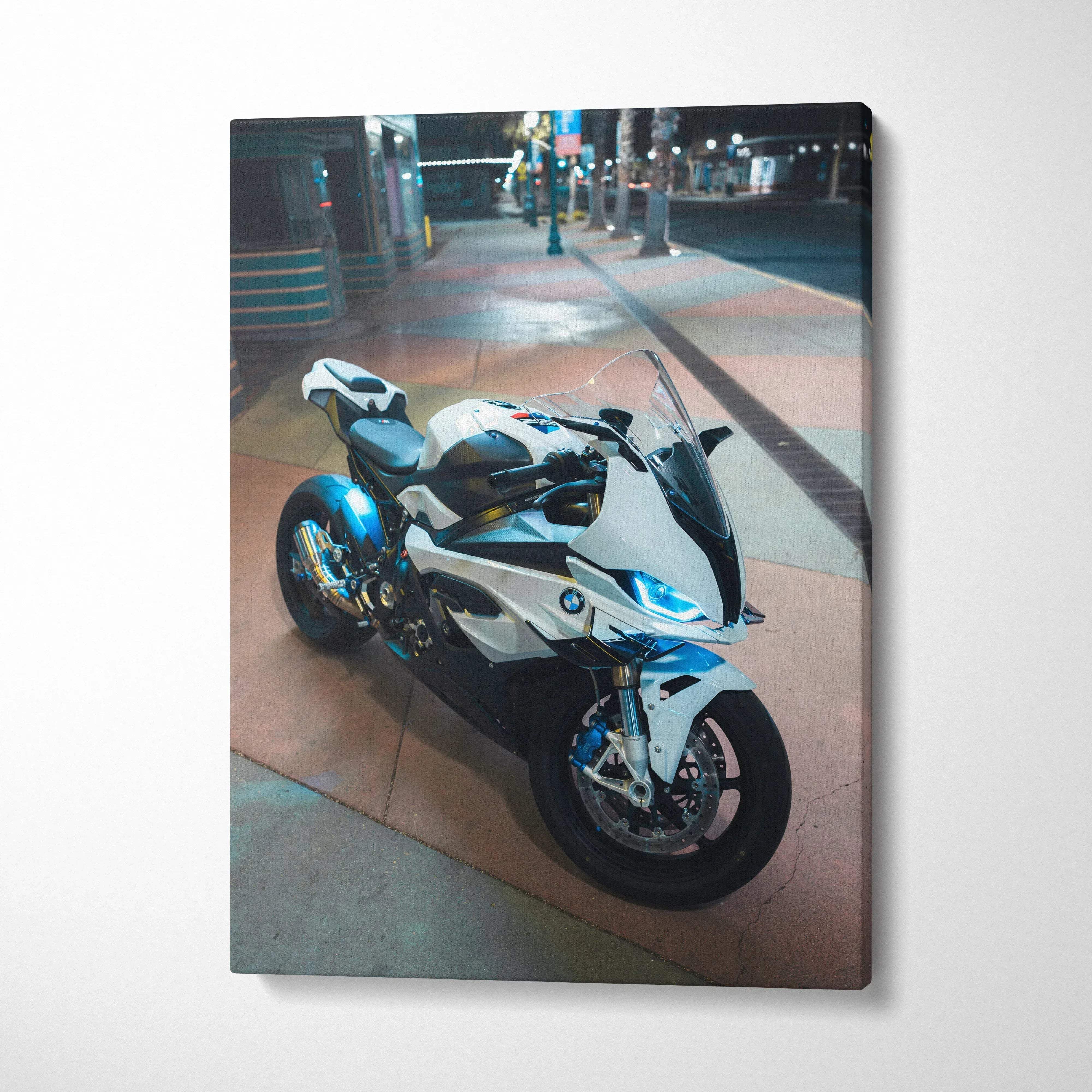 BMW S1000RR motorcycle at night on vertical canvas wall art with glossy finish.