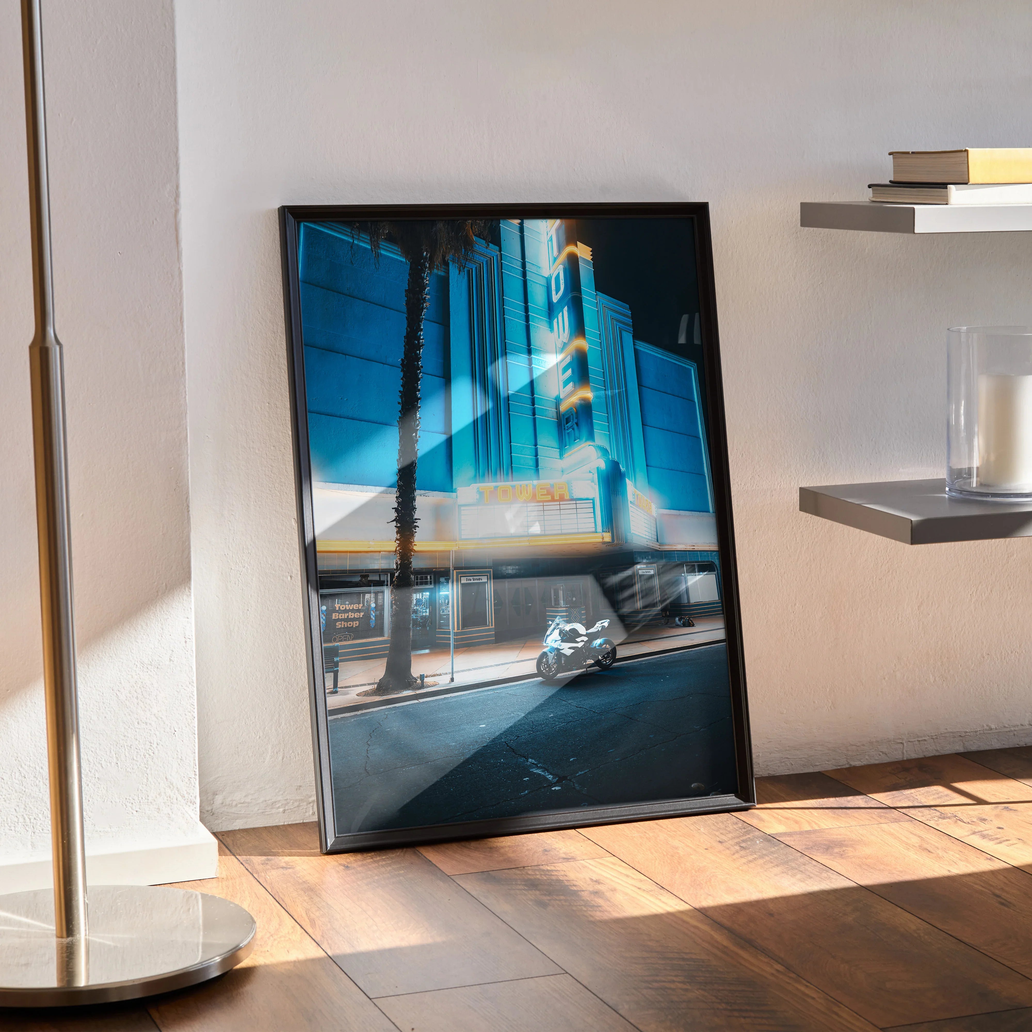 BMW S1000RR motorcycle poster with blue and orange highlights in black frame wall art display.